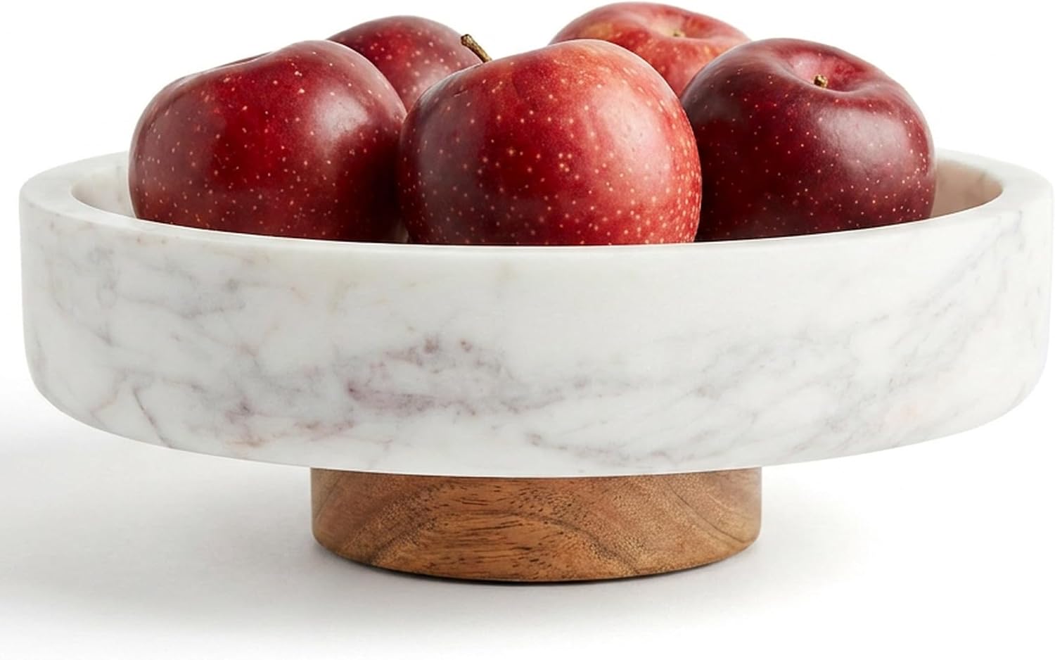 Evovee White Marble Fruit Bowl Decorative Home Decor Table Centerpiece Acacia Wood Pedestal Natural Handcrafted Catchall Purse Key Kitchen Counter Dish Potpourri 9.5”