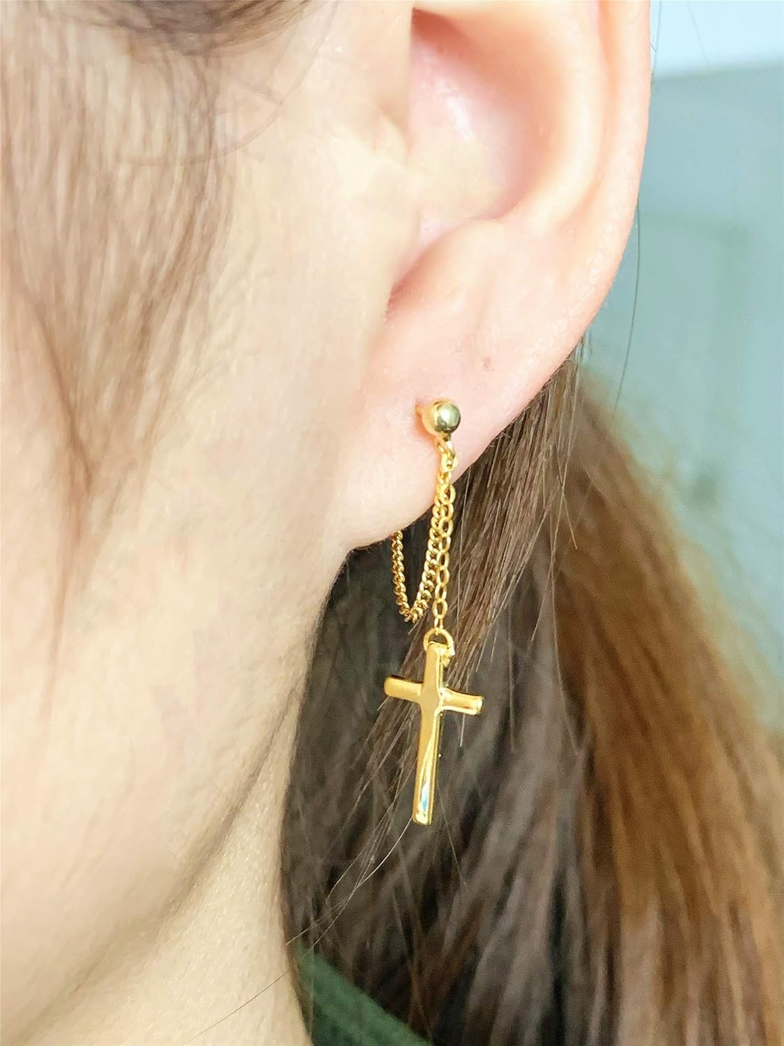 Gold-Tone Cross Dangle Drop Earrings 925 Sterling Silver Chain Dropping for Women Men Punk Ball Studs Hypoallergenic Jewelry - Image 4