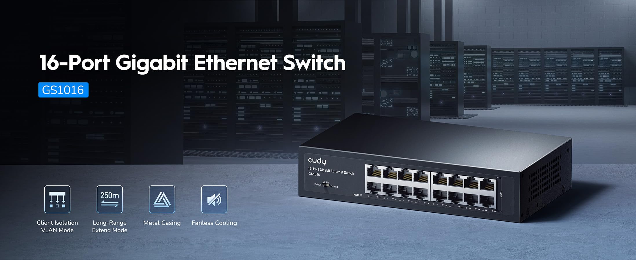Cudy GS1016 - Unmanaged Switch Gigabit en Bastidor para Empresas (16 Puertos, detección automática, 1000 Mbps, optimización del Rendimiento, Plug and Play), Negro