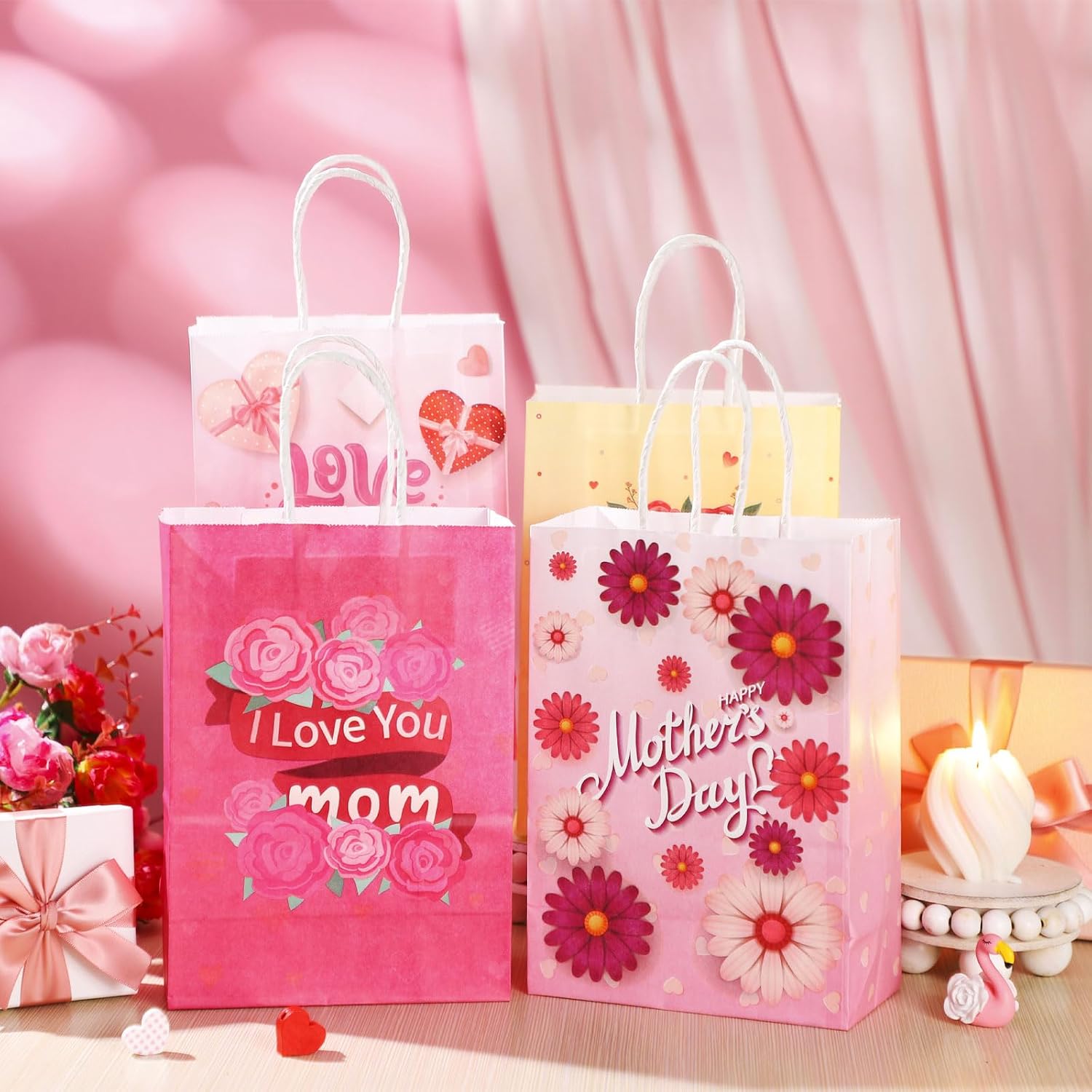 Yeaqee 24 Pcs Happy Mother's Day Party Favors Bags Mother's Day Goodie Paper Bags with Handles Pink and Red Mom Heart Flowers Gift Candy Treat Pouch for Mom Party Supplies Decoration image 3