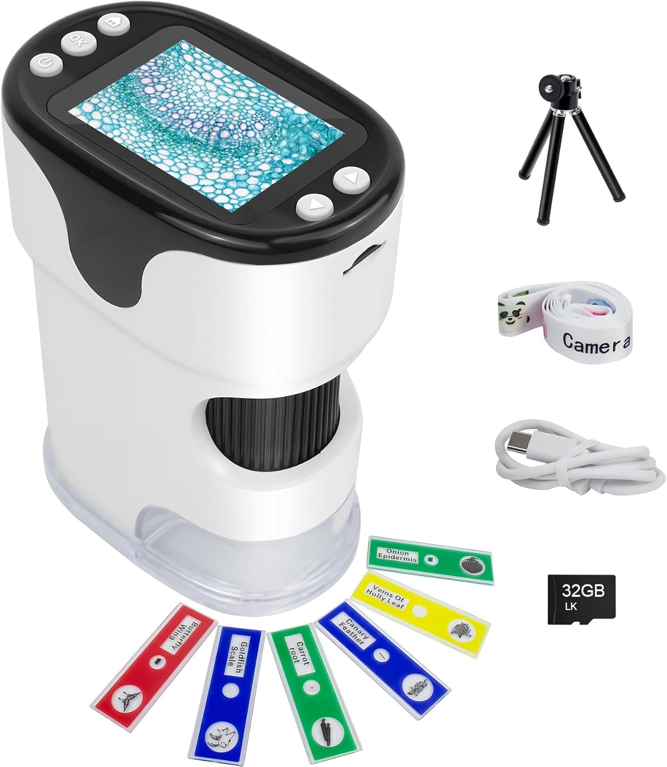 1000X Handheld Digital Microscope for Kids 2'' HD Screen 4K Rechargeable Mini Pocket Microscope with Slide Kit, Microscope Stand, 32G SD Card for Education Gift Age 4-6 8-12 Children