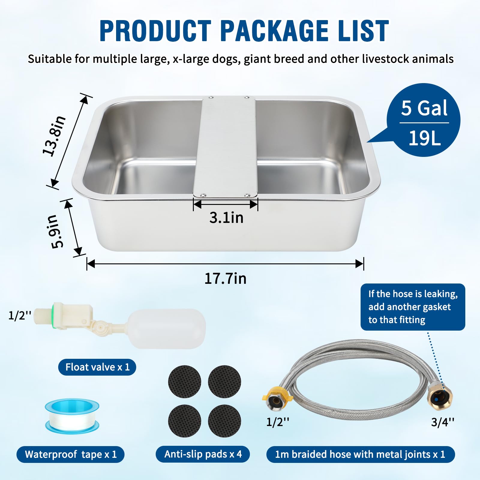BWOGUE Dispensador automático de agua de 5 galones para perros grandes, cuenco de agua de acero inoxidable para exteriores, comedero de agua para perros de raza grande, comedero automático para perros