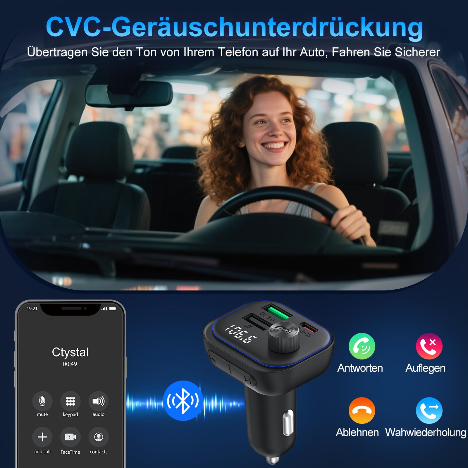 Bluetooth samochodowy nadajnik FM, adapter Bluetooth do zapalniczki samochodowej PD 36 W USB C, QC3.0 18 W, szybka ładowarka BT 5.3, HiFi, odtwarzacz muzyki, radio, zestaw głośnomówiący, obsługuje