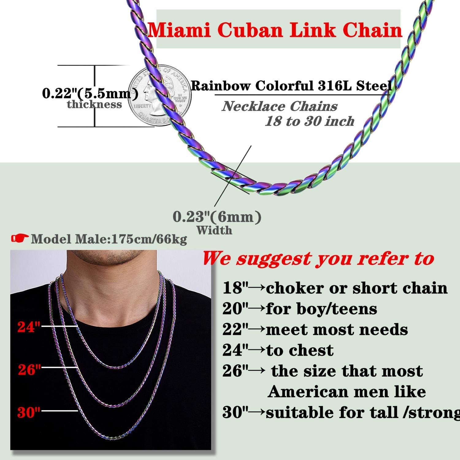 ROWIN&CO 6mm Multi-Color Chain Necklace Rainbow Stainless Steel Diamond Cut Miami Curb Cuban Link Necklace, Nickel-free, Colorful Chains, Hip hop Jewelry Choker Chain, 18-35 inch - Image 5