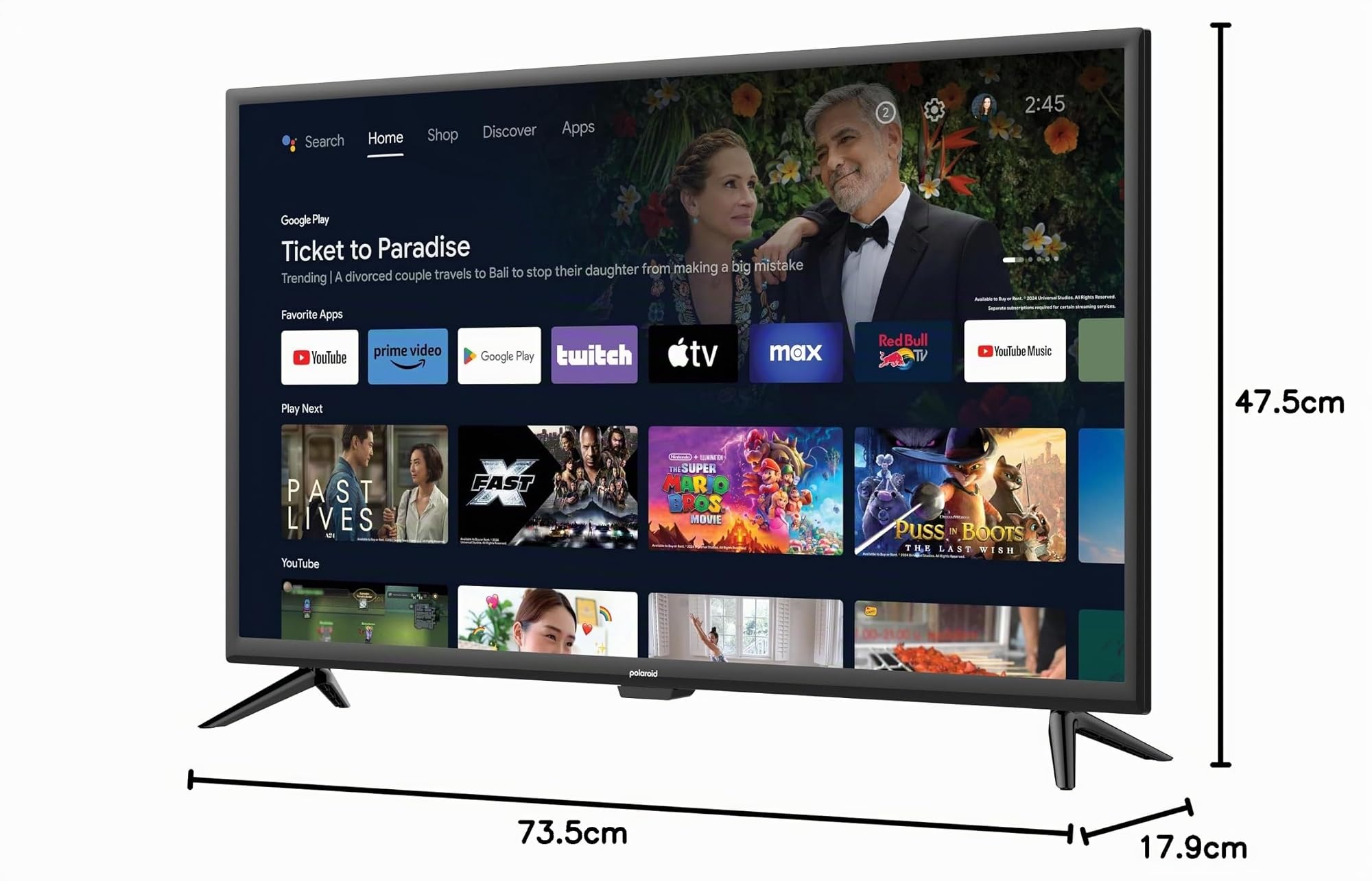 Polaroid Smart TV Android, 80 cm (32 Zoll), HD 1366x768, LED, WLAN, Bluetooth, 3 HDMI, 2 USB, Schwarz