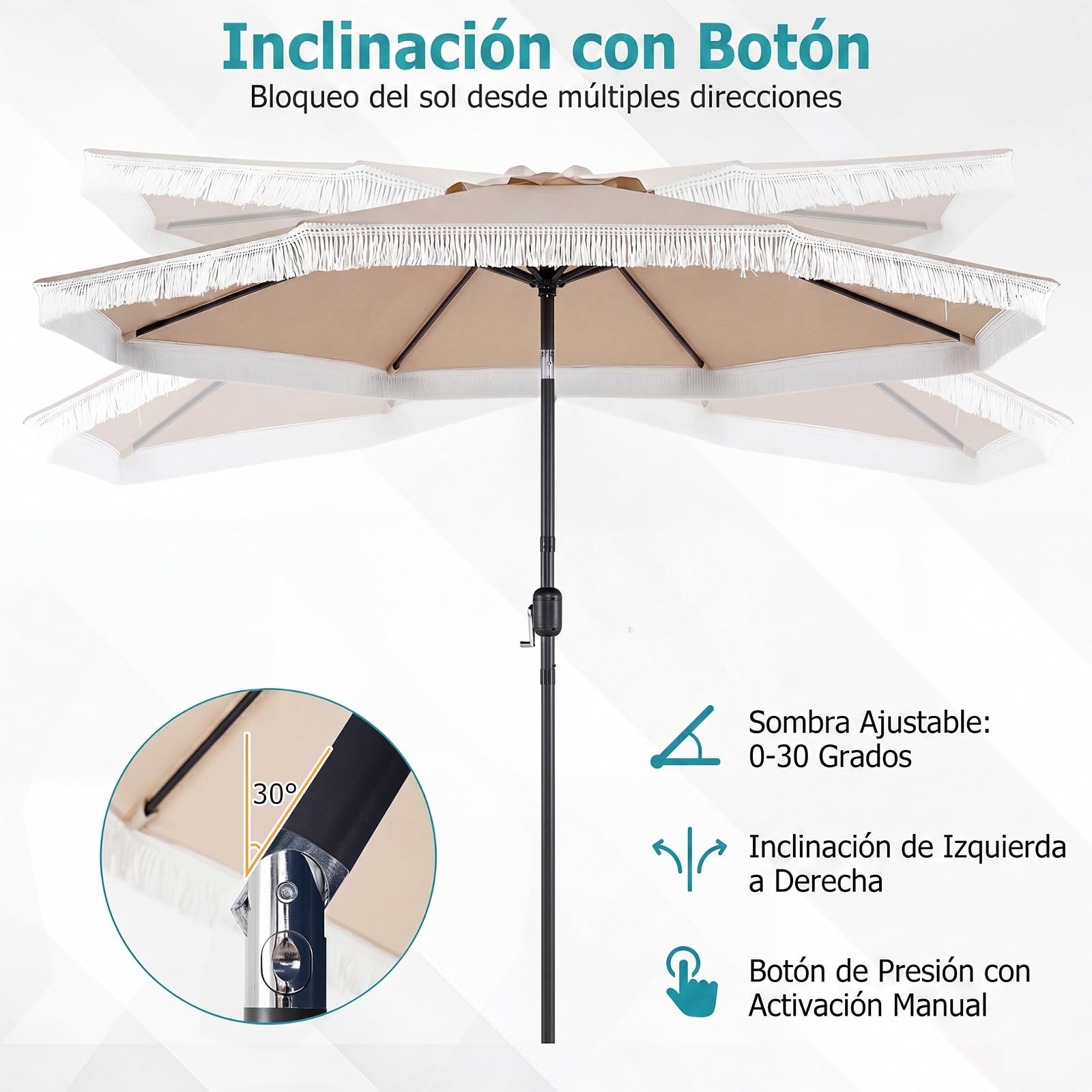 COSTWAY 270 cm Sombrilla Terraza Exterior, Parasol Reclinable de Jardín con Inclinación Bidireccional de 30°, 8 Varillas Metálicas, Manivela y Volantes/Flecos Decorativos para Patio