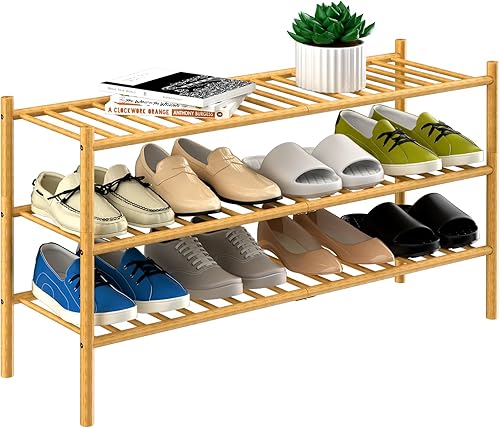 Miniatura 18 de Estante de zapatos de bambú de 2 niveles, organizador de almacenamiento independiente para armario y entrada, apilable, 35"x11"x13" (negro)