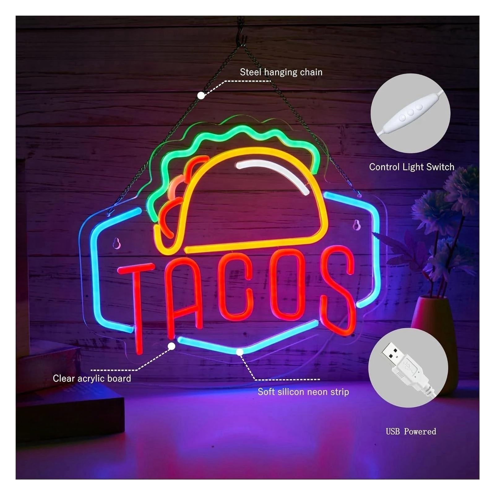 LED Lampada al neon Business per insegne al per neon per luci per alimentate tramite per USB con luminosità regolabile Tacos Lettere adatte