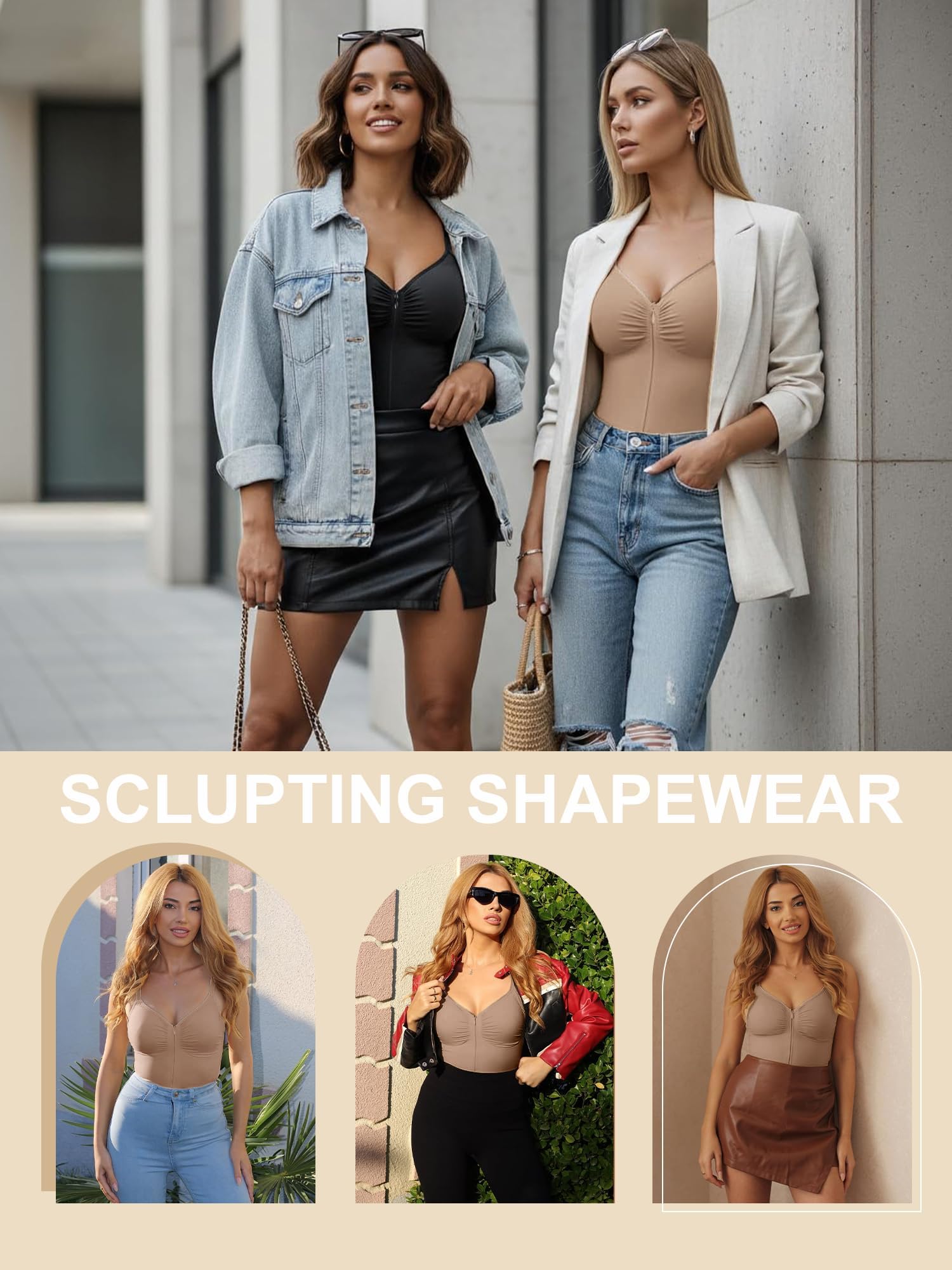 SHAPERX Body Moldeador Mujer con Cremallera y Ganchos, Shapewear de Fuerte Compresión Control Abdomen, Seamless Invisible, Faja Reductora Cintura para Uso Diario y Fiesta