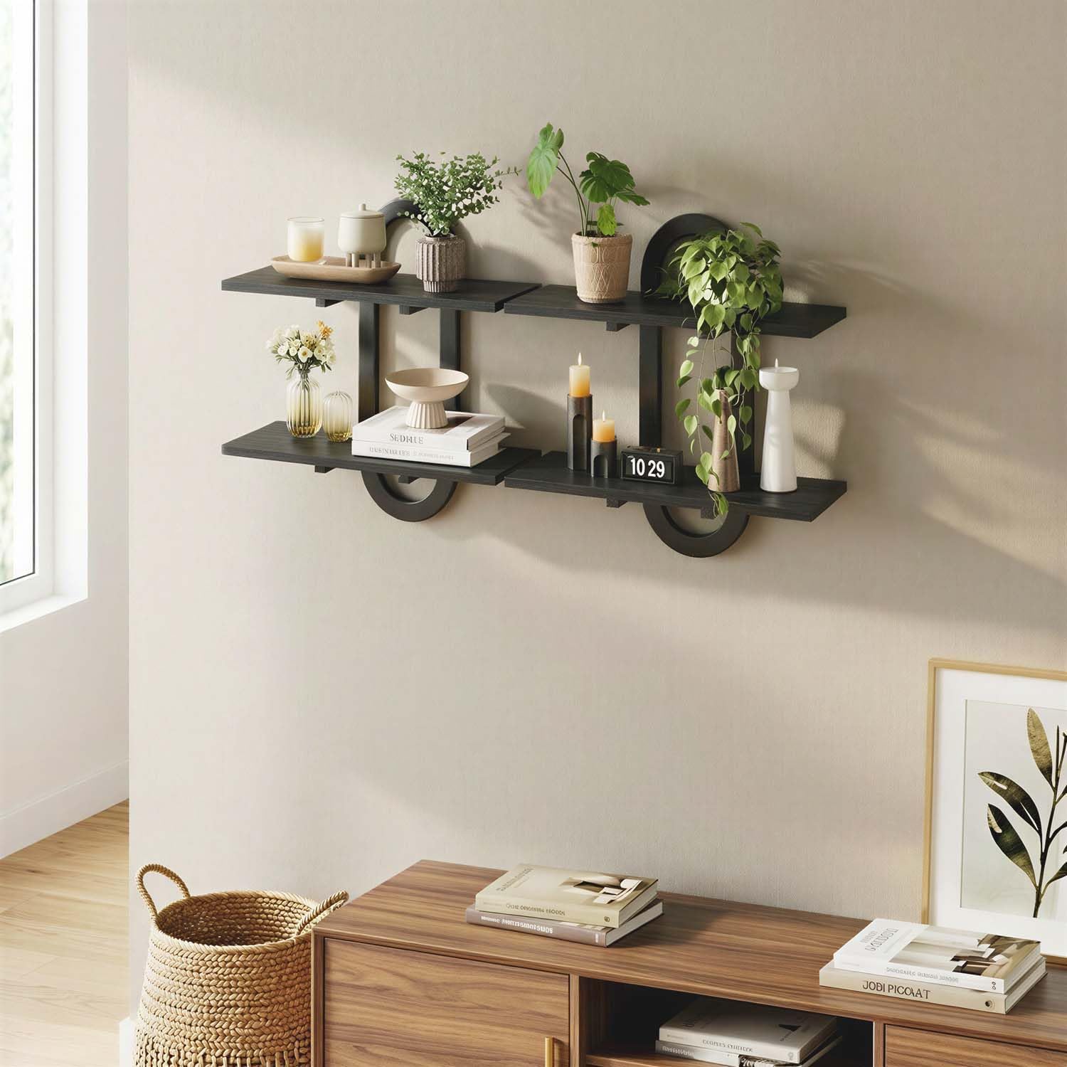 Floating Shelves, 2Pcs Wall Mounted Shelves with 2-Tier Bathroom Hanging Storage Shelves Set for Living Room Bedroom Bathroom Office Kitchen, Black