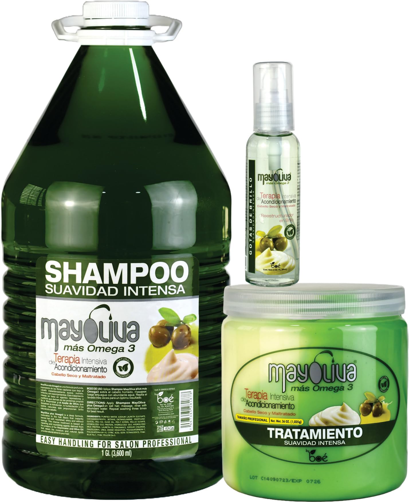 Mayoliva Shampoo 1 Gallon, Mayoliva Treatment 36 oz, Mayoliva Gotas De Brillo 4 oz Combo