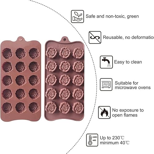Miniatura 3 de Moldes de silicona con forma de flor de rosa, 2 unidades - 15 cavidades de flores antiadherentes de silicona para cubitos de hielo, bandeja para