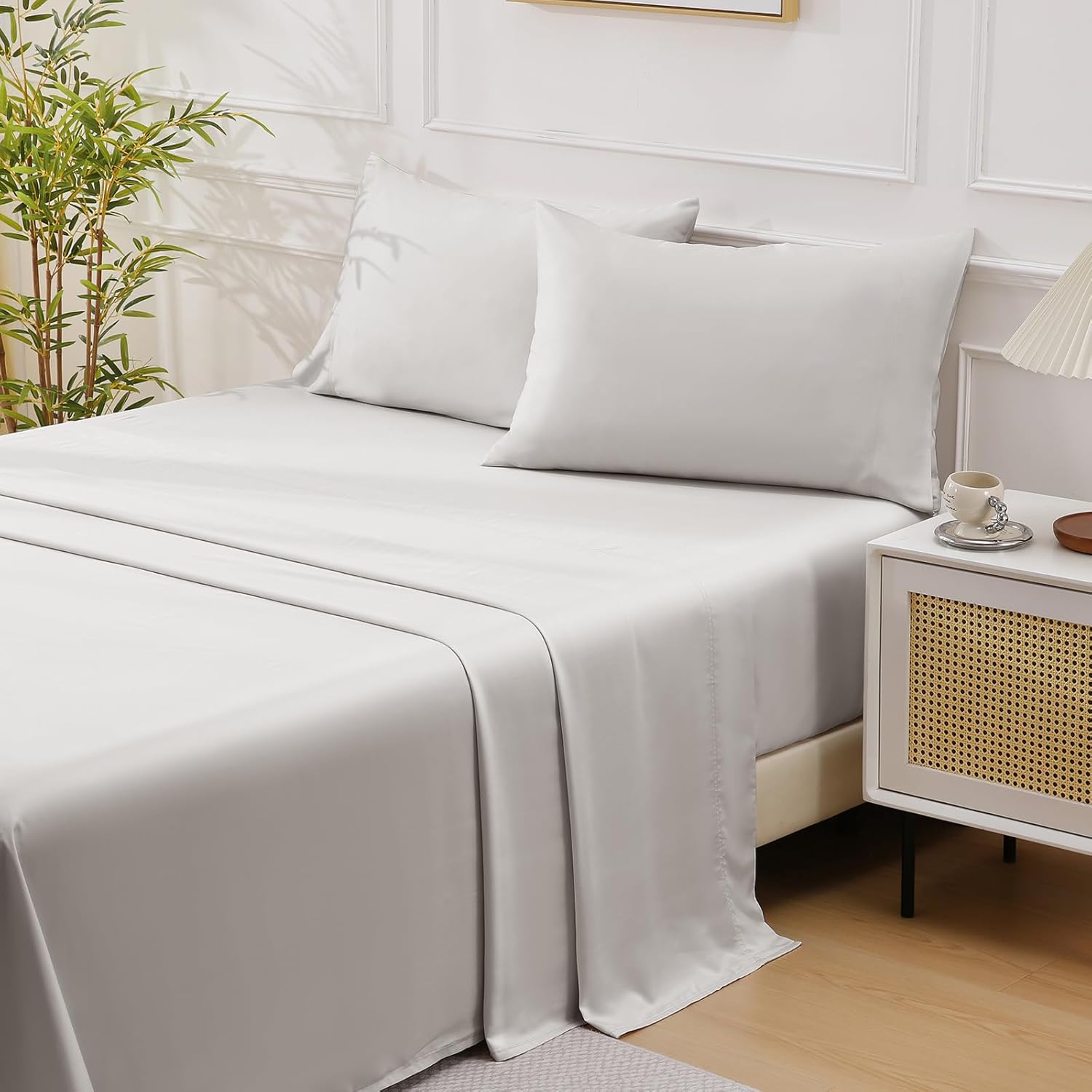 100% Organic Viscose Derived from Bamboo, 4-Piece King Bed Sheet Set, Ultra Soft & Luxuriously Cooling Sheets, Deep Pocket Fits 16" Mattress, Perfect for Hot Sleepers, Light Gray