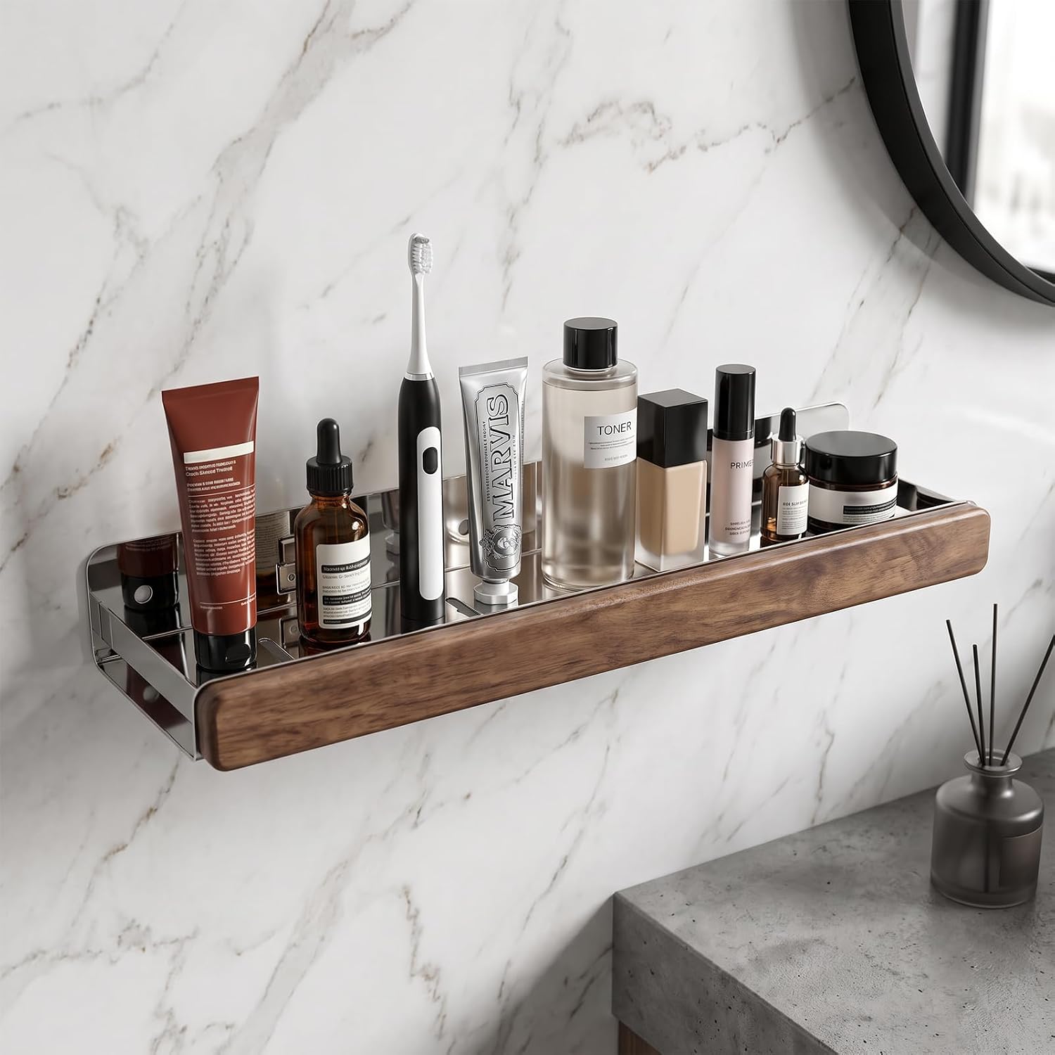 PureBox Floating Wall Shelf, Stainless Steel & Wood Bathroom Organizer