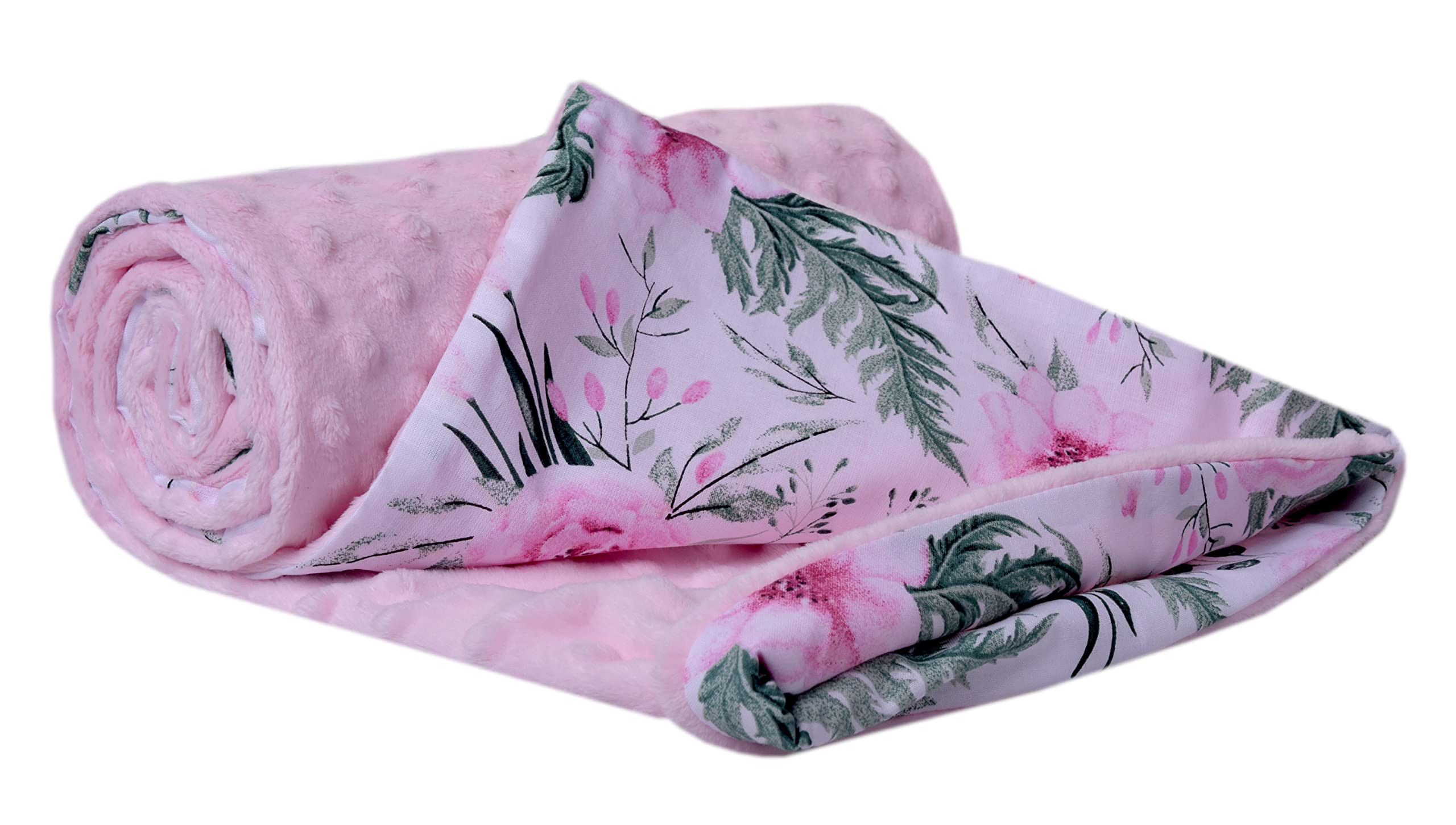 Medi Partners Krabbeldecke 100% Baumwolle 75x100cm doppelseitig multifunktional Minky Kuscheldecke für Kinderwagen weich flauschig (Hellrosa Blument mit Hellrosa Minky)