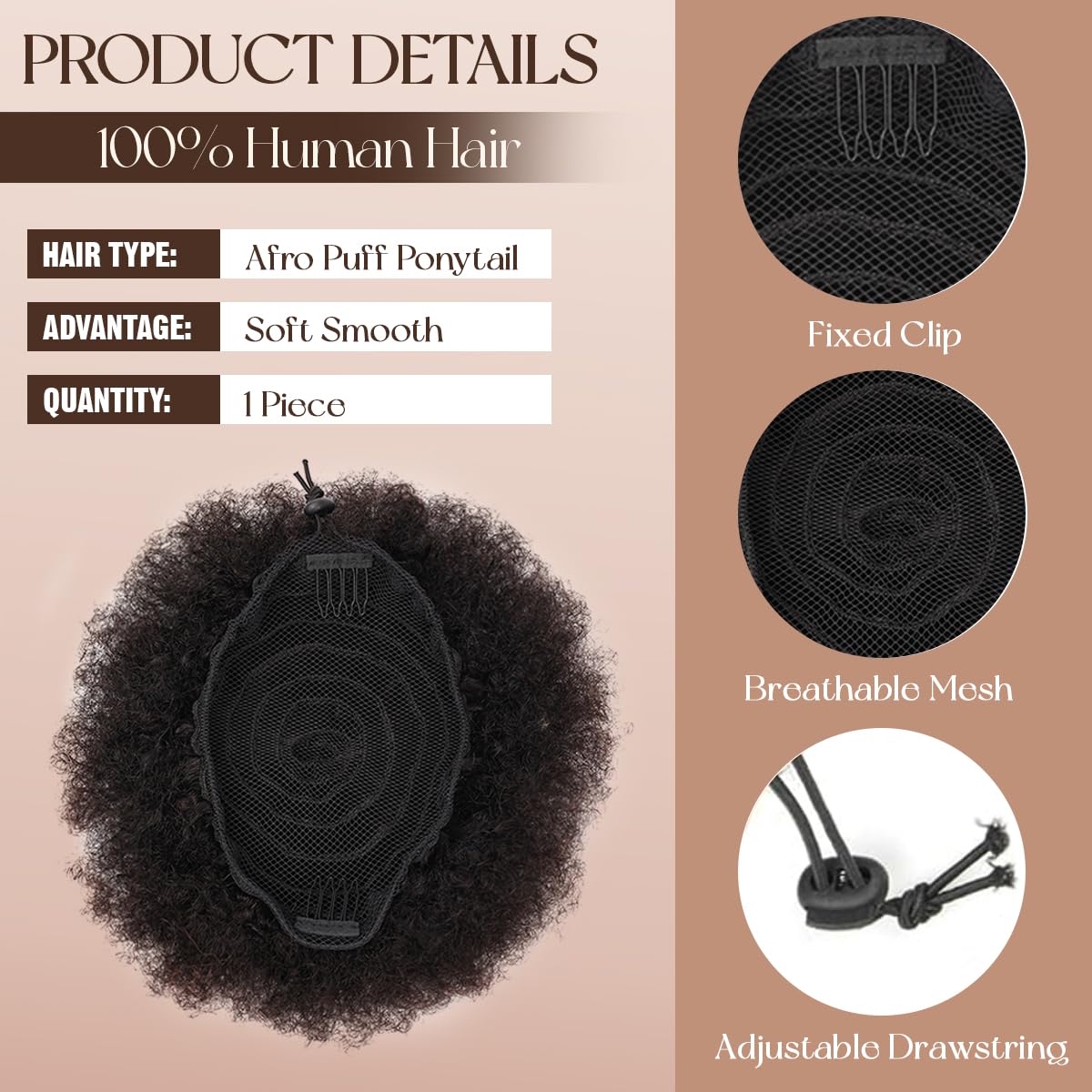 Afro Puff Drawstring Ponytail for Black Women #1B Natural Black Brazilian Virgin Human Hair 8 Inch Durable Natural Soft and Smooth Kinky Curly Short Ponytail for Natural Hair