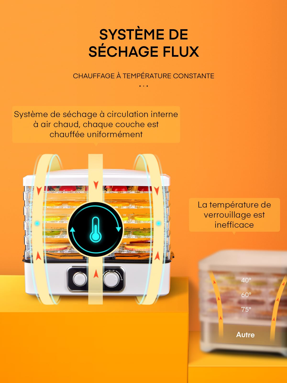 FOHERE Déshydrateur Alimentaire électrique, 240w Ménage Machine à Sécher Les Fruits, Température Réglable 35-70°C), 5 Plateaux Transparents Amovibles, Pour Fruits, Légumes, Viande, Poisson, Recettes