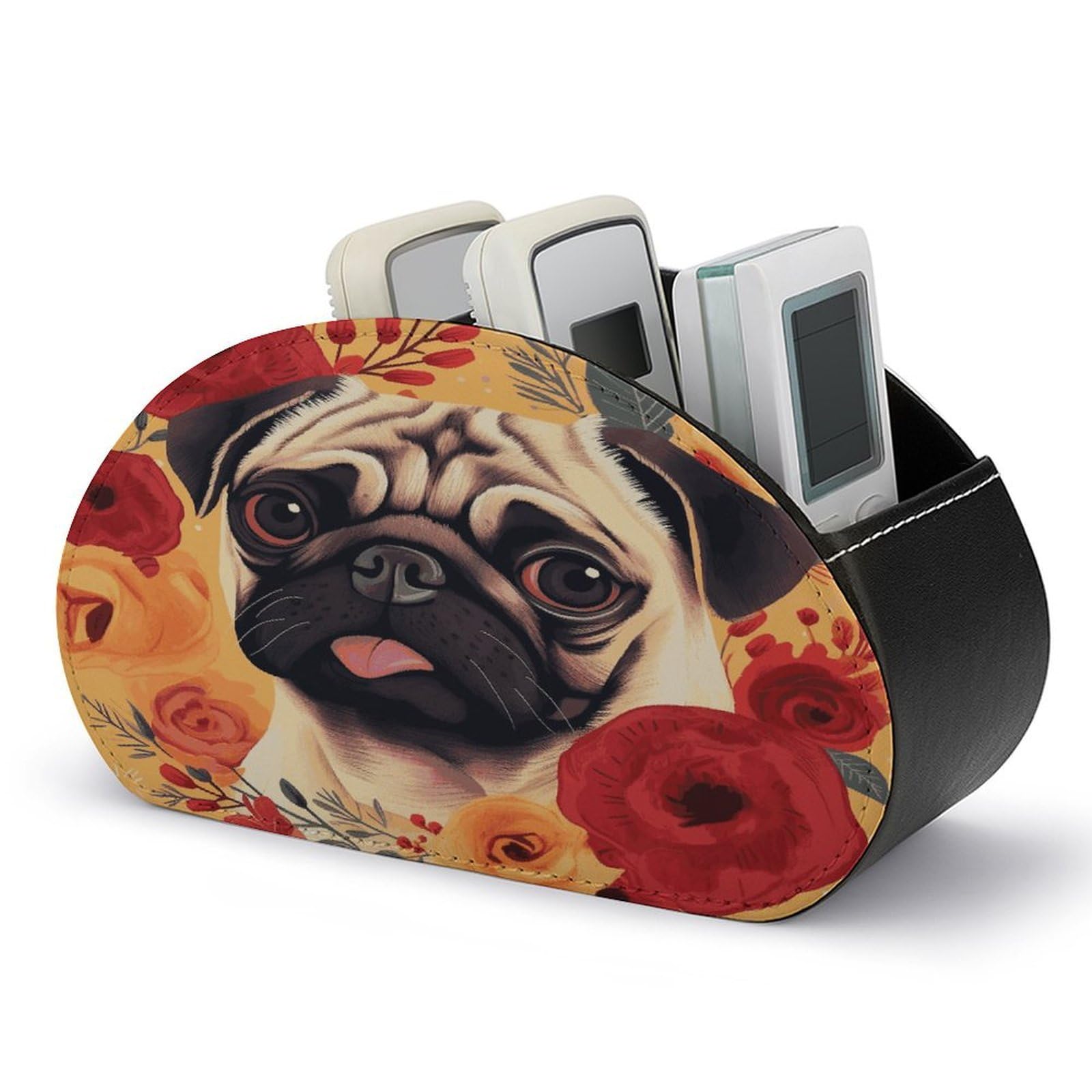 LZQPOEAS Pug Flower Remote Control Holder with 5 Compartments PU Leather Remote Organizer Box Caddy for Table Nightstand Remote Caddy Desktop Organizer Fits Media Controllers