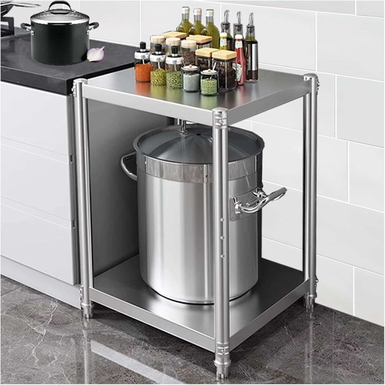 Adjustable Stainless Steel Kitchen Work Table - Double Tier Metal Prep Shelf with Built-in Triangle Support for Sturdy Open Storage & Organization, Ideal for Home & Restaurant Use