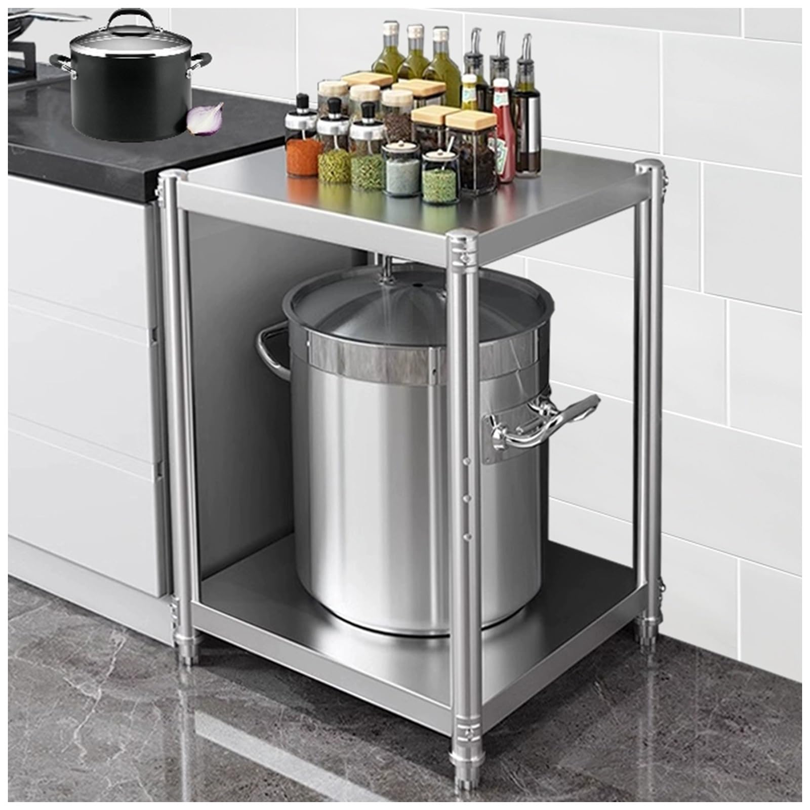 Tavolo da Lavoro in Acciaio Inox da Cucina, Tavolo da Preparazione Multifunzionale a Due Livelli, ripiano Regolabile, Pratico ripiano portaoggetti Aperto, Tavolo in Metallo con Struttura Tri