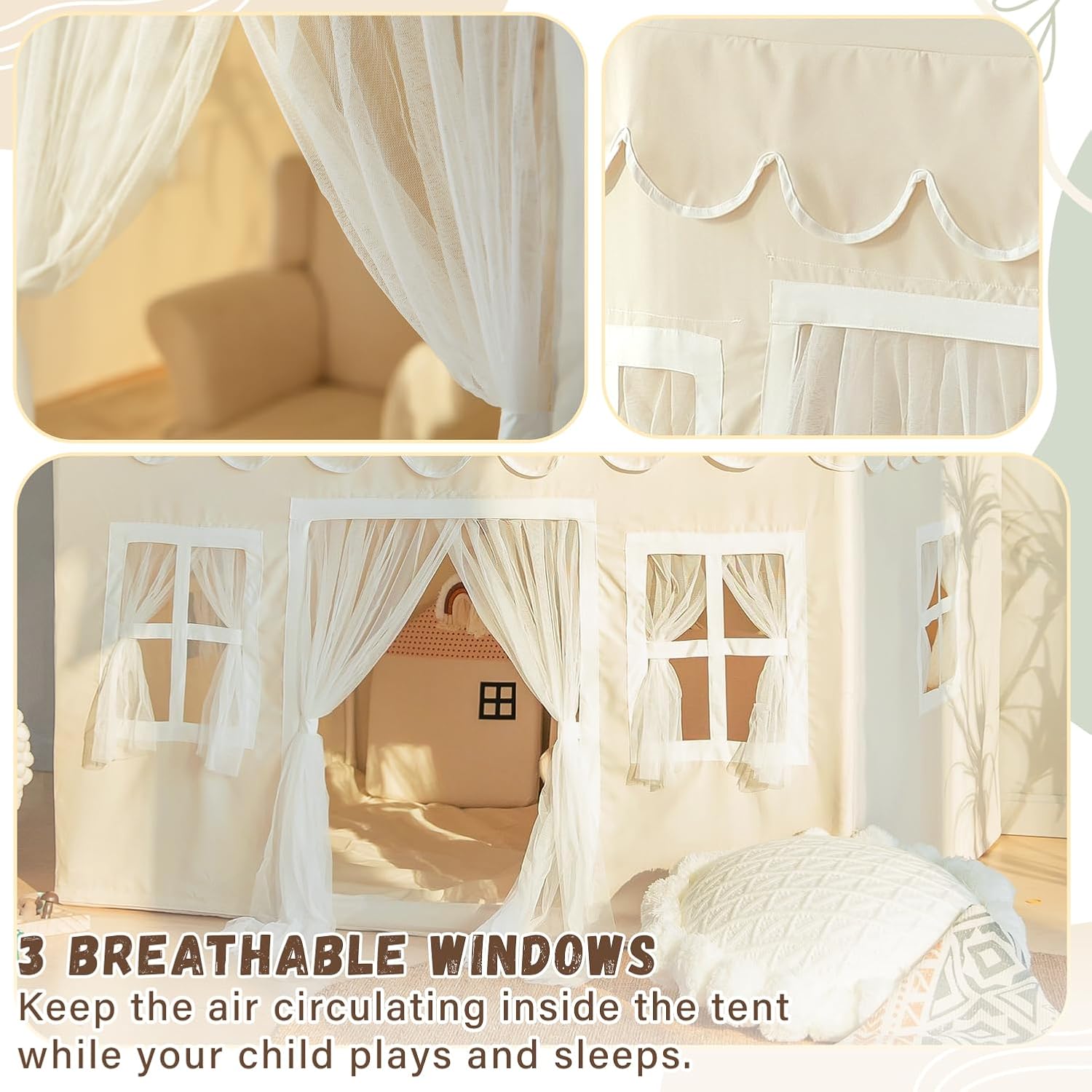 Close-up of Sherilyn Kids Play Tent windows and curtains