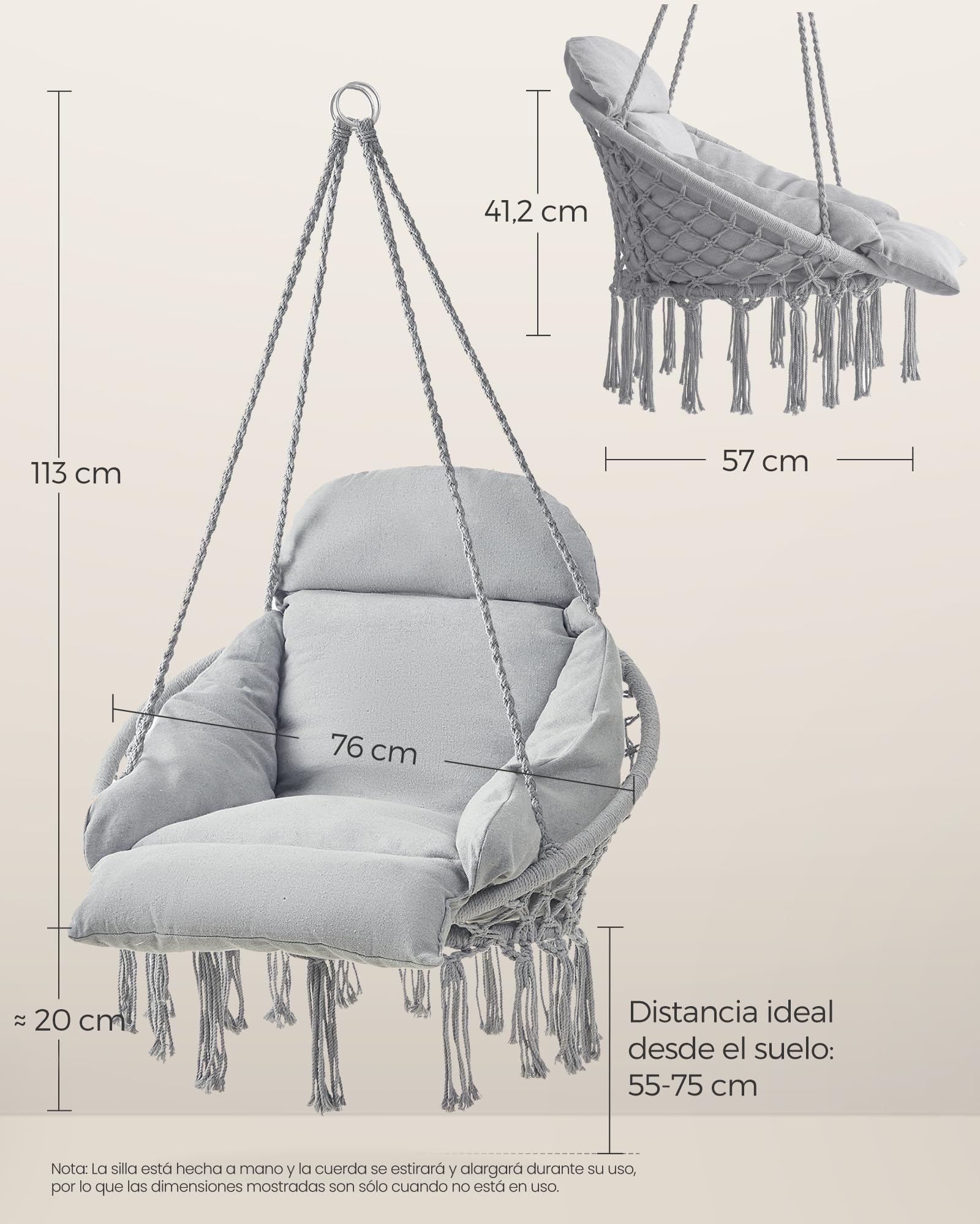 SONGMICS Hamaca Silla, Silla Colgante, Cojín Grande y Grueso, Boho para Dormitorio, Balcón, Jardín, Sala de Estar, Soporta hasta 120 kg, Incluyen Accesorios, Gris Paloma GDC042G11V3