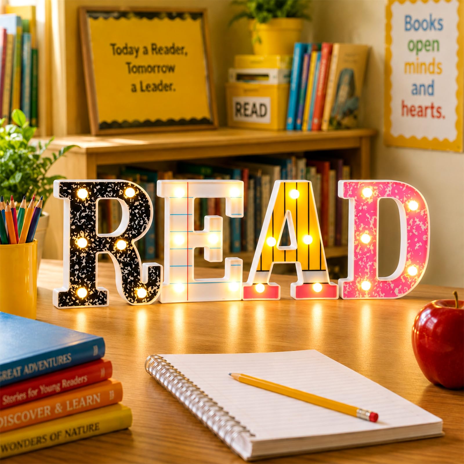 Yaomiao 4 decorazioni per angoli di lettura per aule letture marquee LED lettere segni composizione notebook matita lettere decorazione da parete biblioteca angolo decorazione per aule elementari
