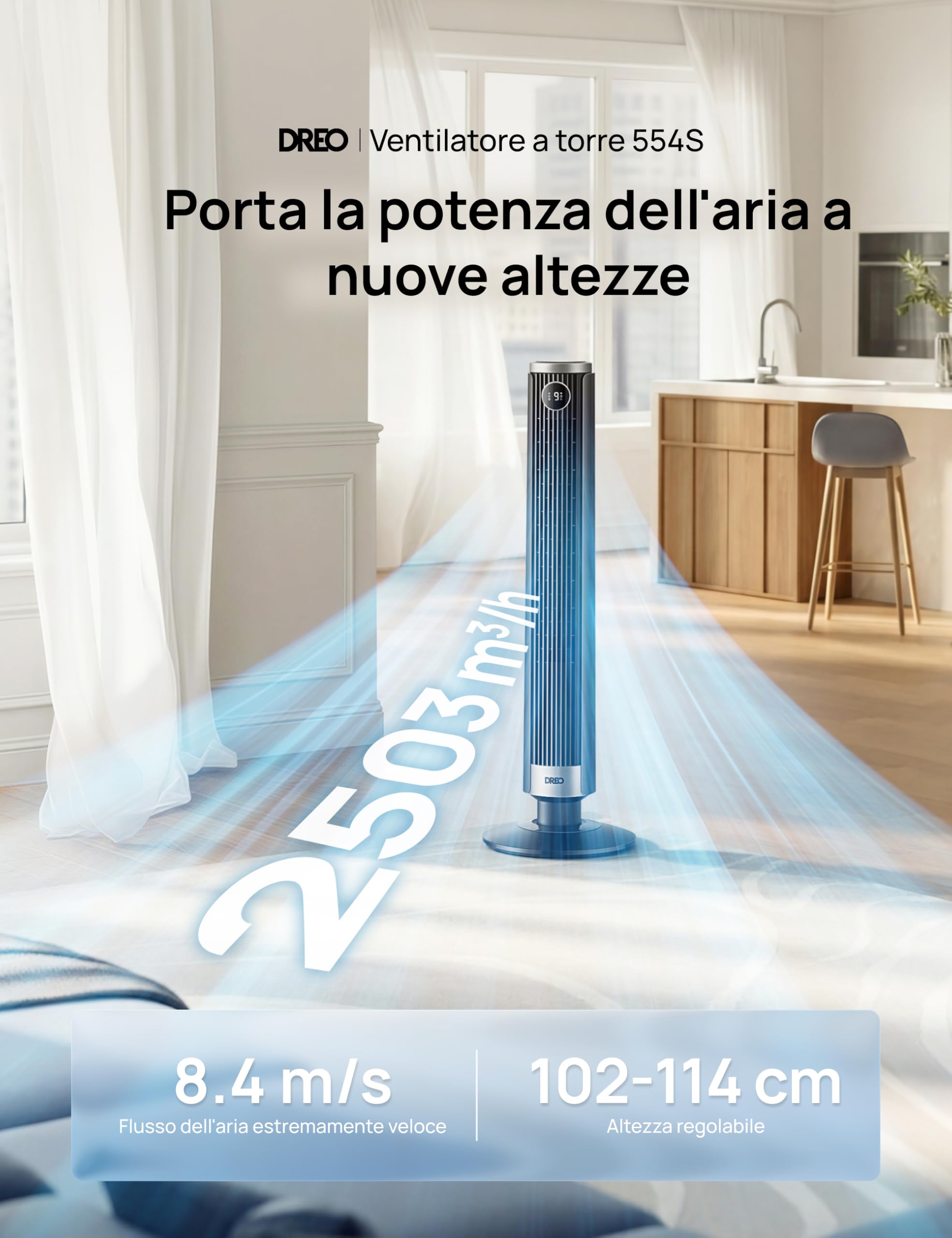 DREO Ventilatore a Torre Smart 554S, Ventilatore a Torre Regolabile 102–114cm per Camera, 8.4 m/s, Oscillazione 90°, Silenzioso 20 dB Dormire, 9 Velocità, 4 Modalità, Timer 12 h per Casa e Ufficio