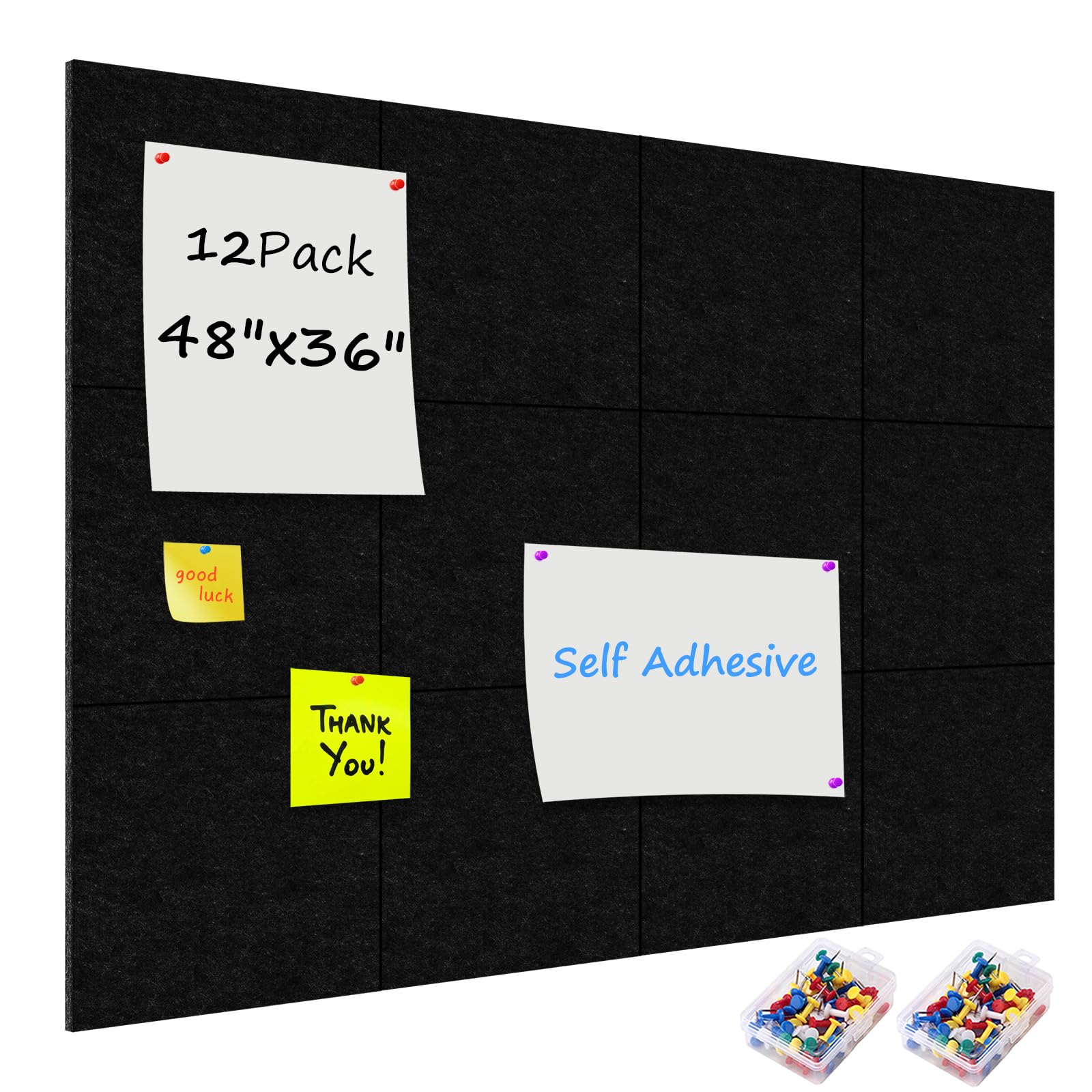 Esilihom 12 Pack Felt Board Tiles with 100 Push Pins, Self-Adhesive Notice & Pin Board for Home and Office, 30x30 cm Felt Cork Panel for Photo Notes DIY Memo (Black)