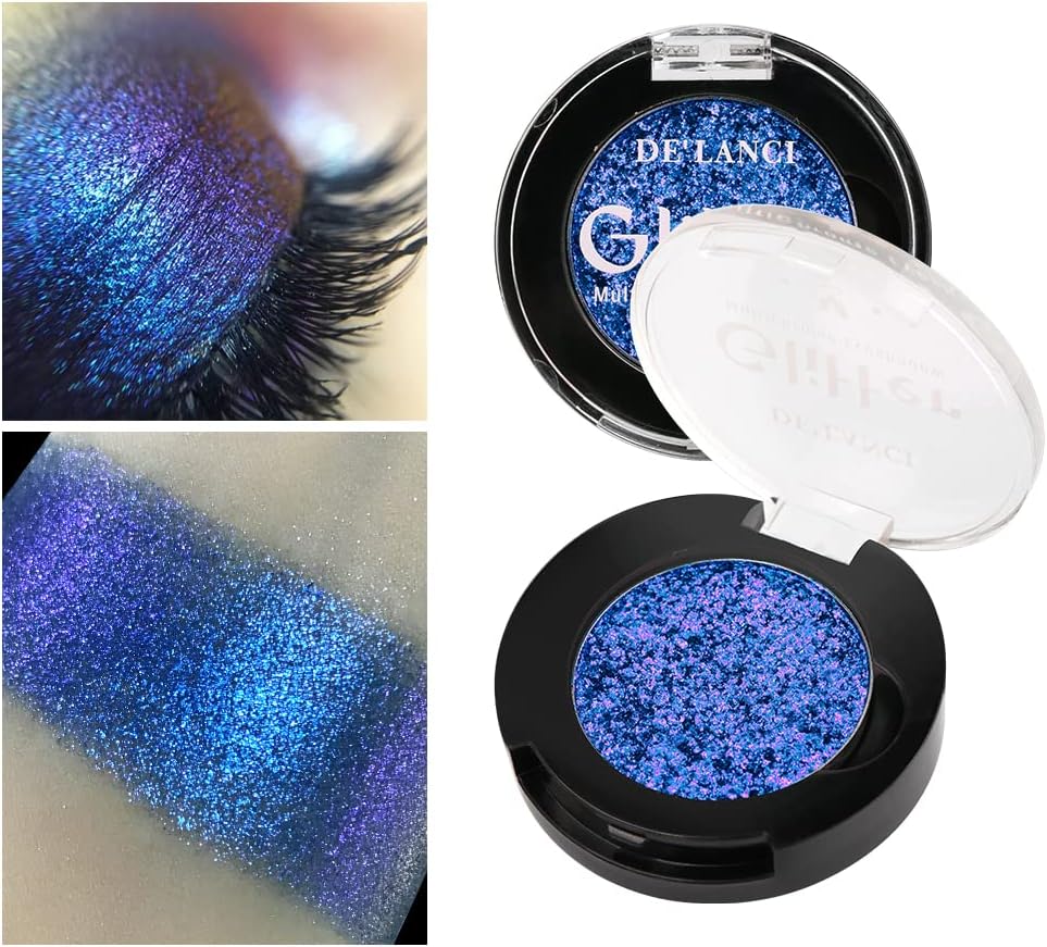 Afflano Multichrome glitter blauwe oogschaduw, enkele glitter, metallic glinsterende kameleon-oogschaduw, sterk gepigmenteerde chroom, holografische oogschaduw voor blauwe ogen, make-up, oogschaduw