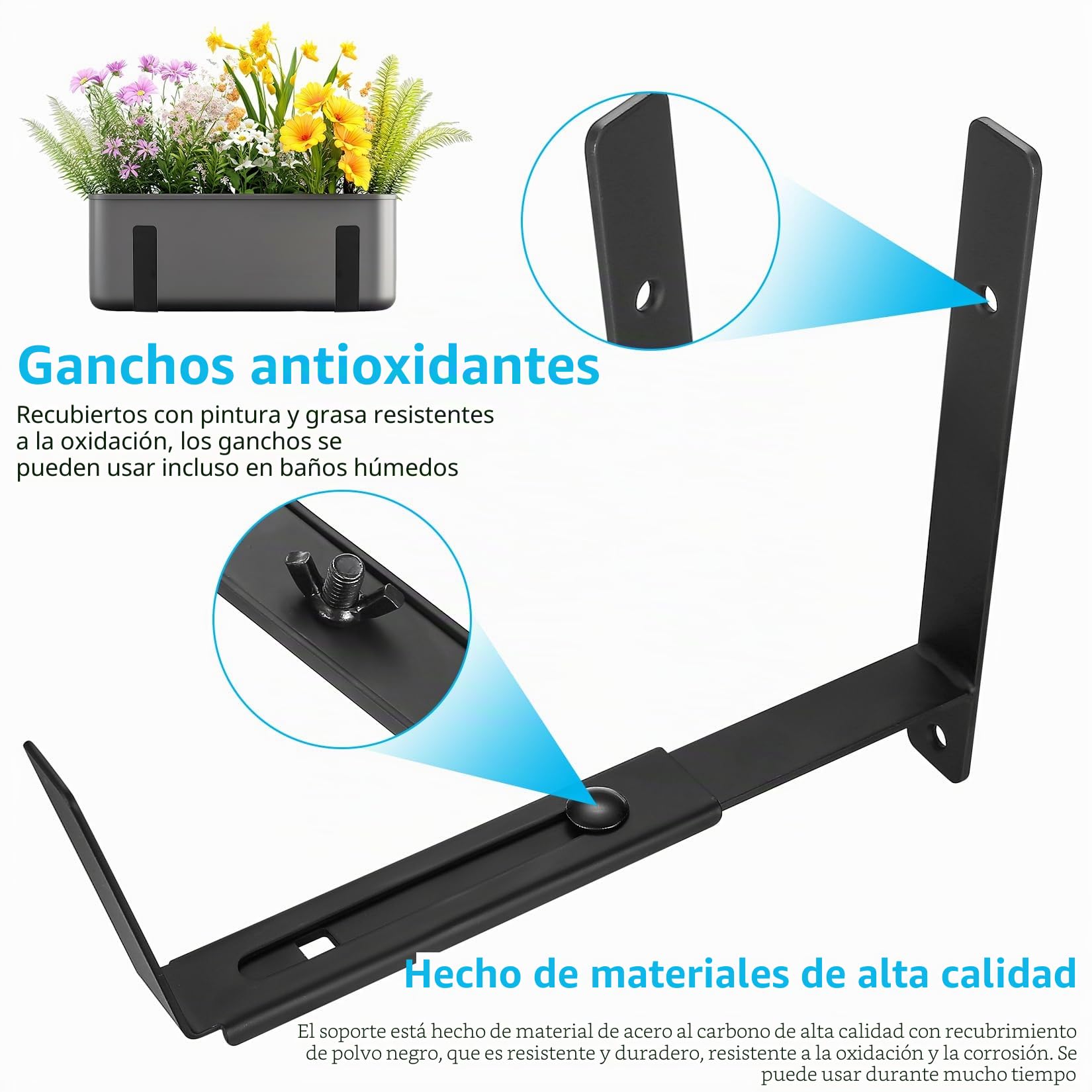 4 soportes de caja de ventana, soportes ajustables de 5.9 a 11.8 pulgadas para alféizar de ventana, macetas de balcón, macetas para barandillas, soporte colgante al aire libre para valla, balcón
