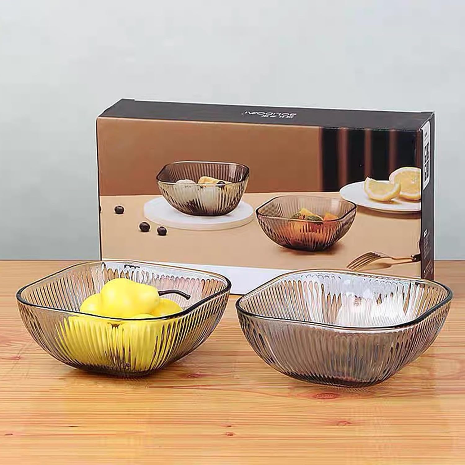 2-Pack Smoky Gray Ribbed Glass Bowls, 4.7-Inch Crystal Fruit Bowls