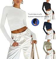 Vista 44 de Blusa corta básica casual para mujer, ajustada, manga larga, cuello redondo, color sólido, para otoño, camiseta ajustada Gris claro