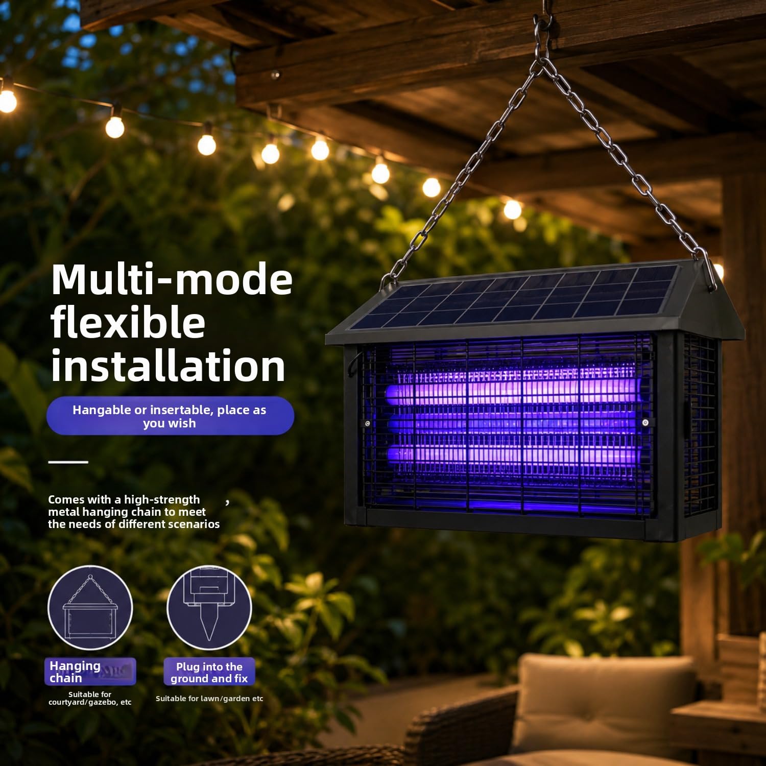 Matamosquitos solar, exterminador de insectos con luz UV, repelente de plagas impermeable para patio, jardín, parque, comunidad, control eficaz de mosquitos e insectos (negro, 23 cm)