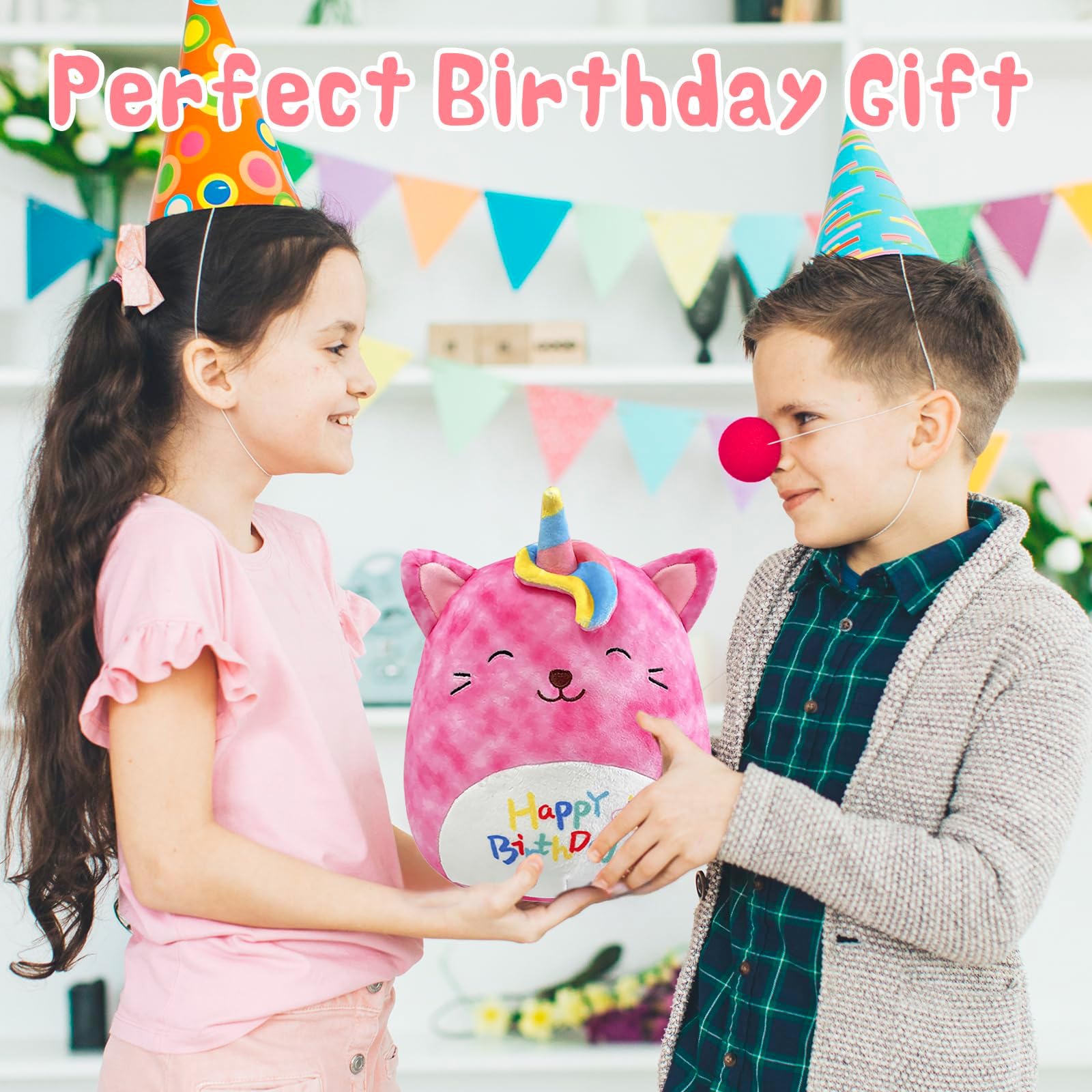 POPOYU Einhorn Kuscheltier Einhorn Plüschtier,25CM Happy Birthday Katze Geburtstag Kuscheltiere Mädchen,Plüschkissen für Kinder,Geburtstag Stofftiere Plüsch-Puppe Stofftier Geschenk