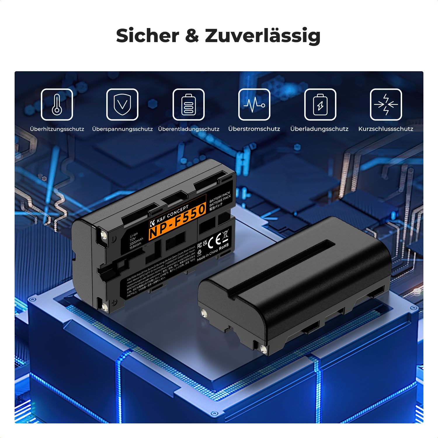 K&F CONCEPT NP-F550 2er-Pack 2600mAh Akkus und LED Ladegerät Kit Kompatibel mit Sony NP-F550 F570 F750 F770 F930 F950 F960 F970 für LED Lichter/Monitor/Kamera Slider