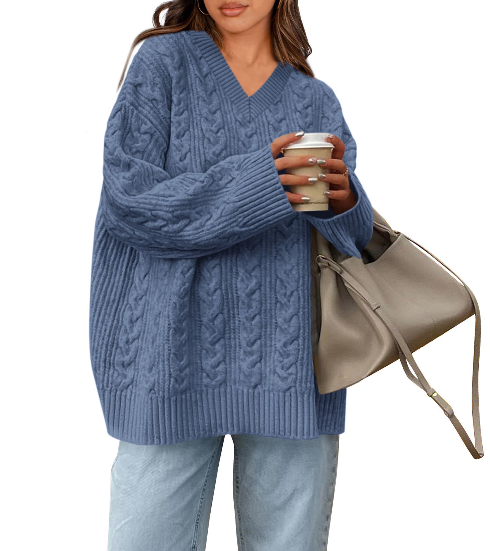 Okiwam Maglioni oversize da donna autunno 2025 a maniche lunghe con scollo a V in maglia a trecce pullover top grossi abiti alla moda