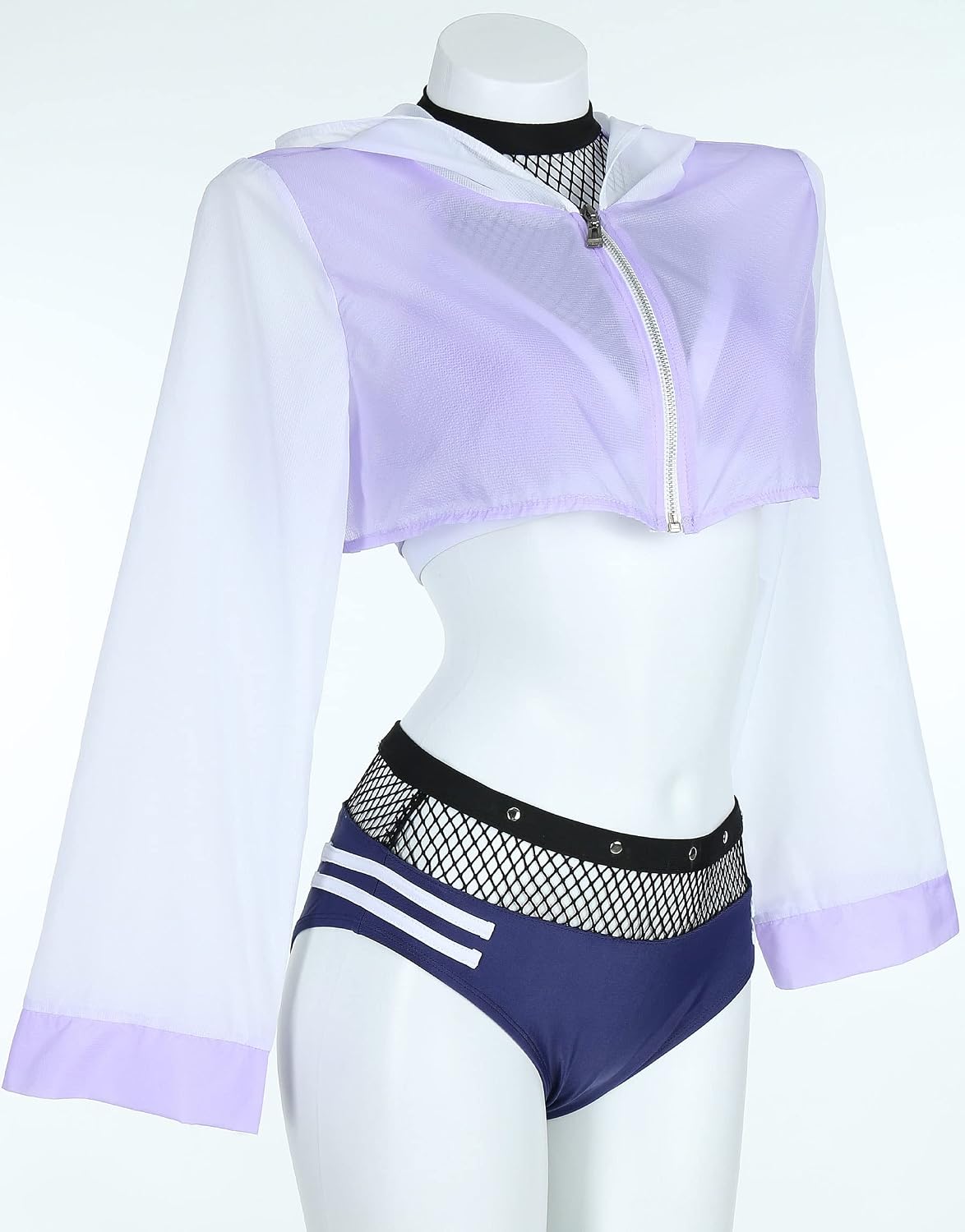 haikyuu Women Anime Derivative Bikini Set with Cover Up Jacket Halter Mesh Top and Shorts Two Piece Bathing Suit
