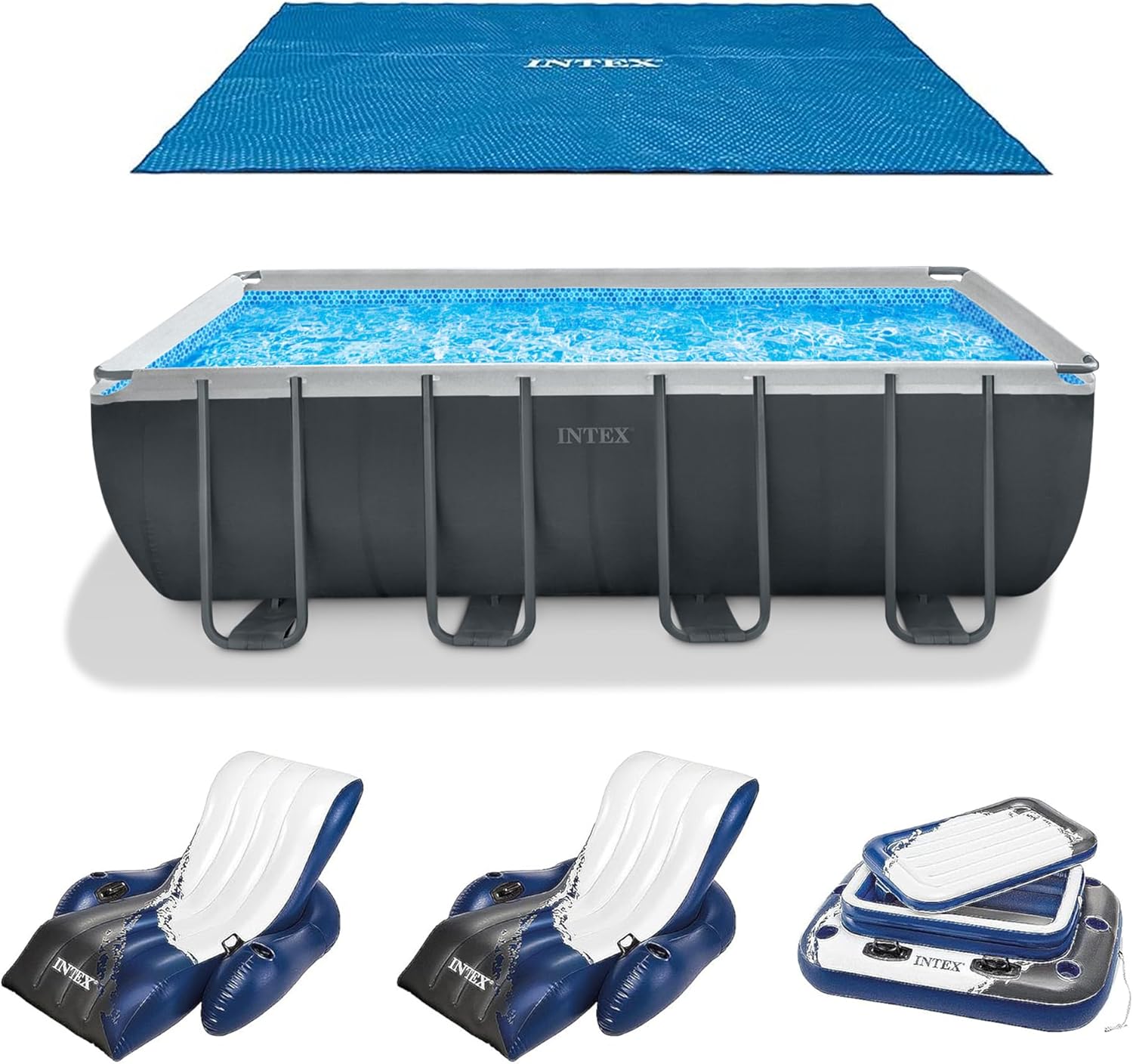 INTEX 26355EH Ultra XTR 18ft x 9ft x 52in Above Ground Swimming Pool Set with Sand Filter Pump, Solar Pool Cover, Inflatable Lounge Pool Recliners (2-Pack) and Inflatable Beverage Cooler