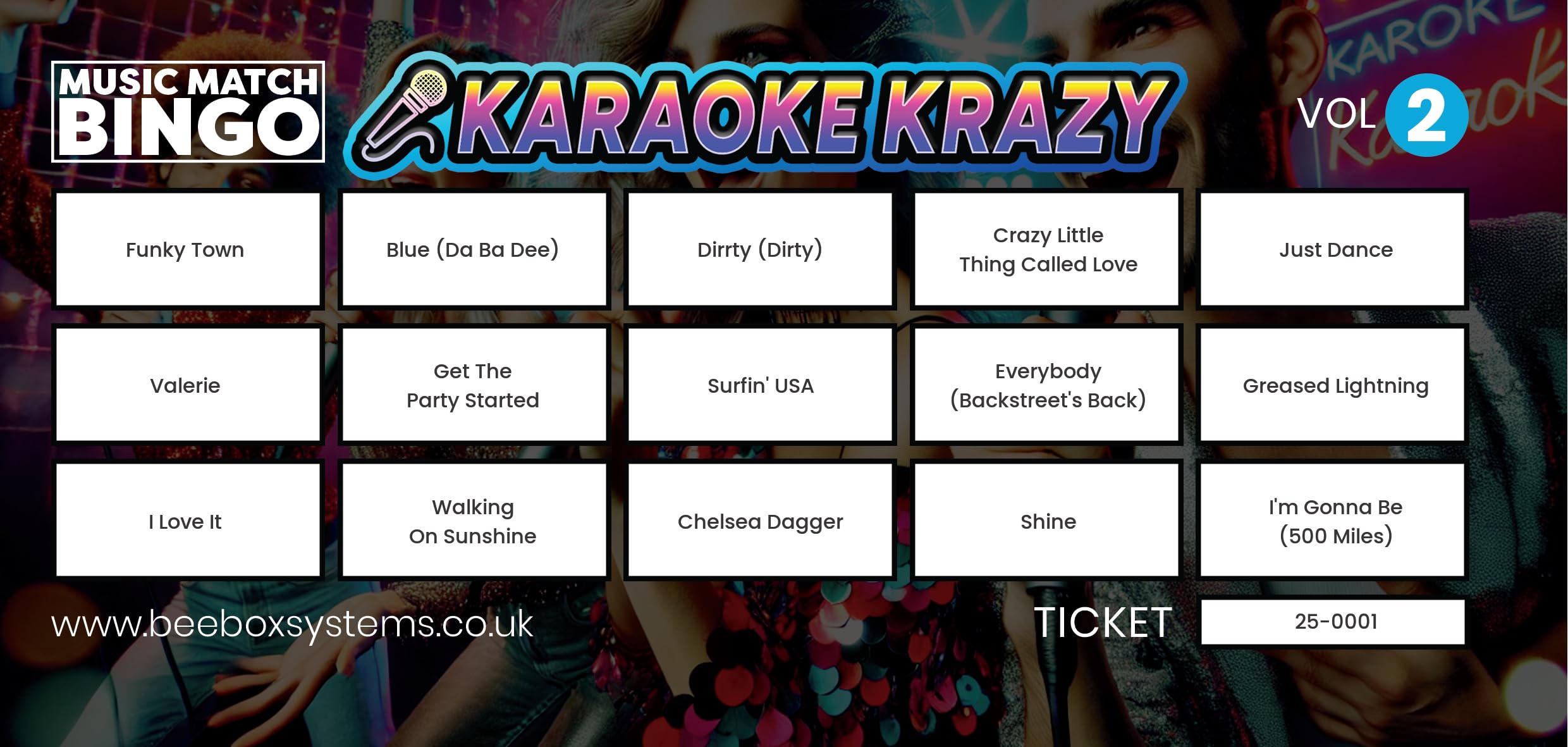 BeeBox Music Match Bingo Game Tickets, 120 Tickets Per Pack (Karaoke Krazy (Vol 2)), Small (10cm x 21cm x 2cm) - Image 2