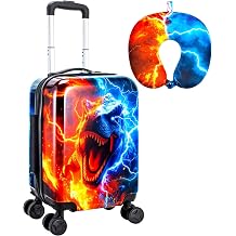 Fire-and-Lightning Dinosaur Kids Luggage 2PC Set Airline-Approved Carry On Boys Suitcase with 360 Spinner Rolling Wheels, Includes Neck Pillow