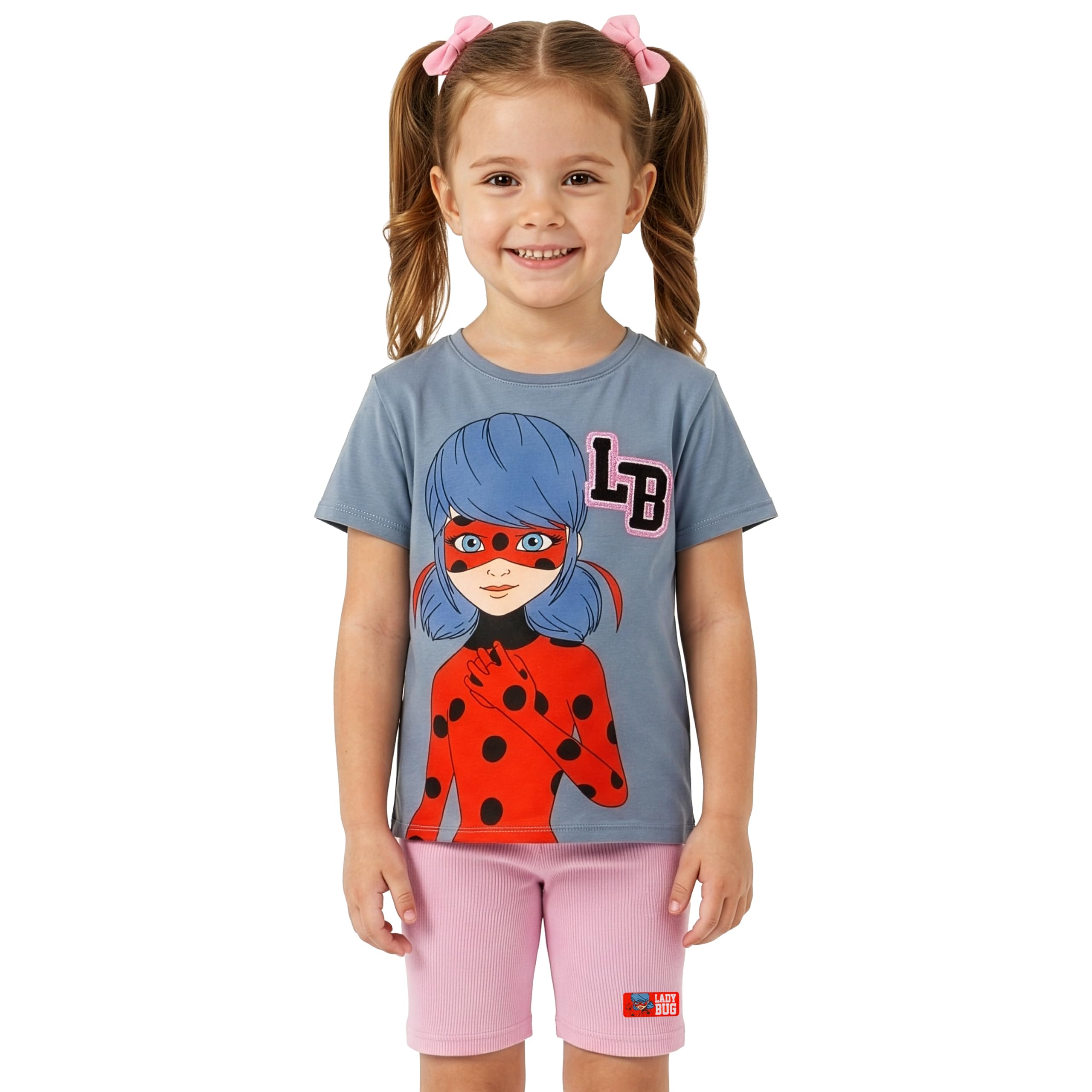 Miraculous Tshirt Mädchen und Shorts Set, sommerliche Outfit für Mädchen mit Ladybug Glitzerdetail