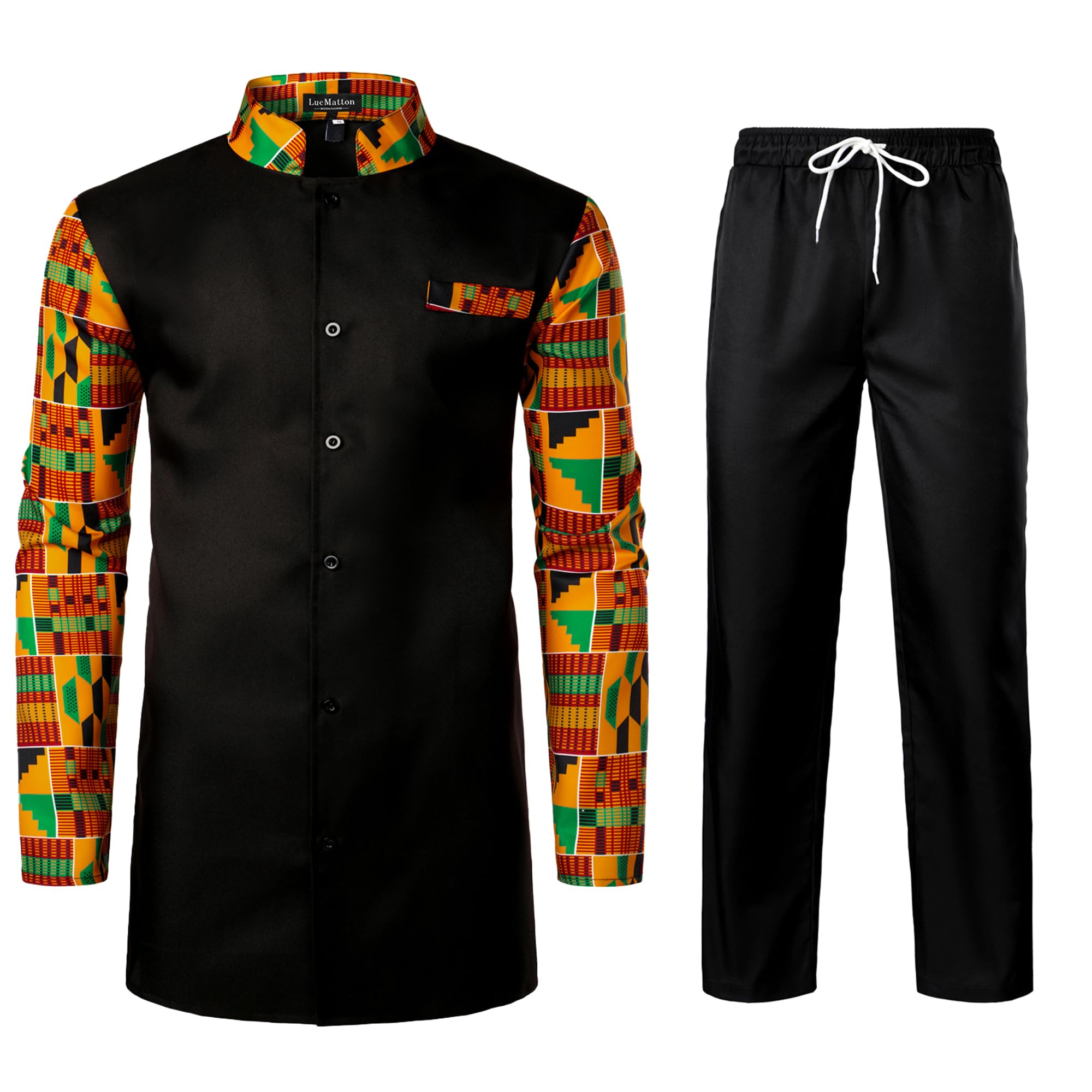 lucmatton Men's 2 Piece Outfits Long Sleeve Button Down African Dashiki Shirts and Pants Set Traditional Ethnic Suits, Black, Large-picture-10