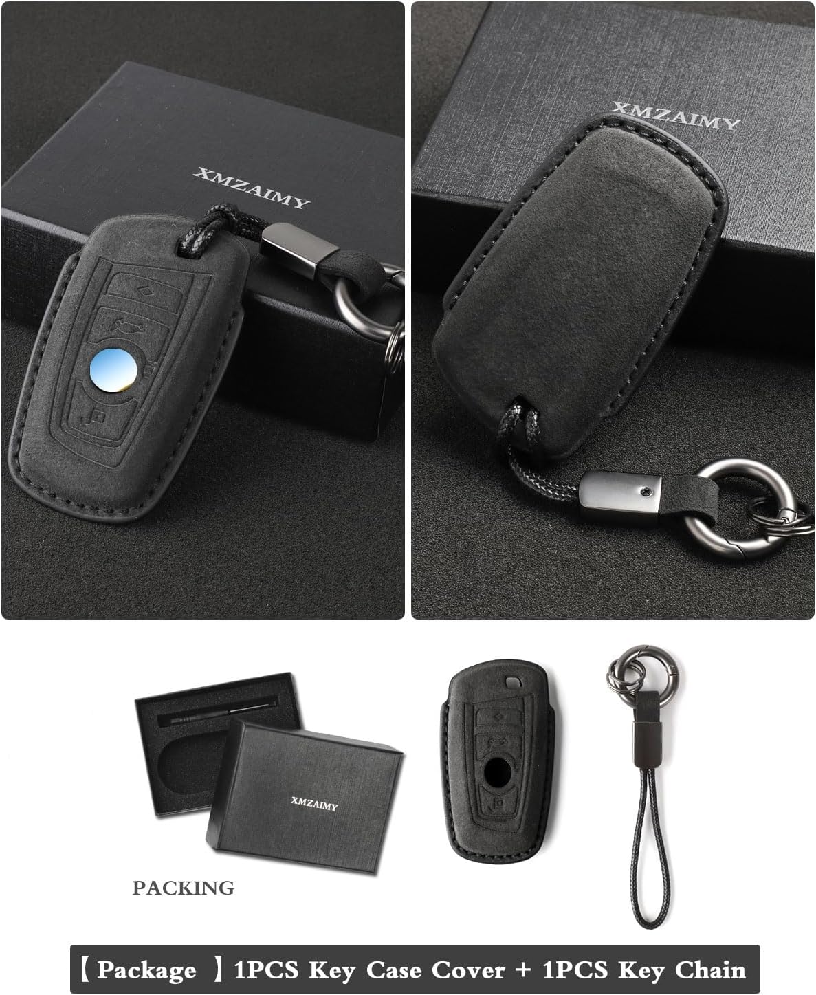 for BMW Key Fob Cover with Keychain Fit for BMW 1 2 3 4 5 6 7 X1 X3 X4 M2 M3 M4 M5 M6 Series GT3 Smart Keys Case Protector Suede (Black, Style B) - Image 4