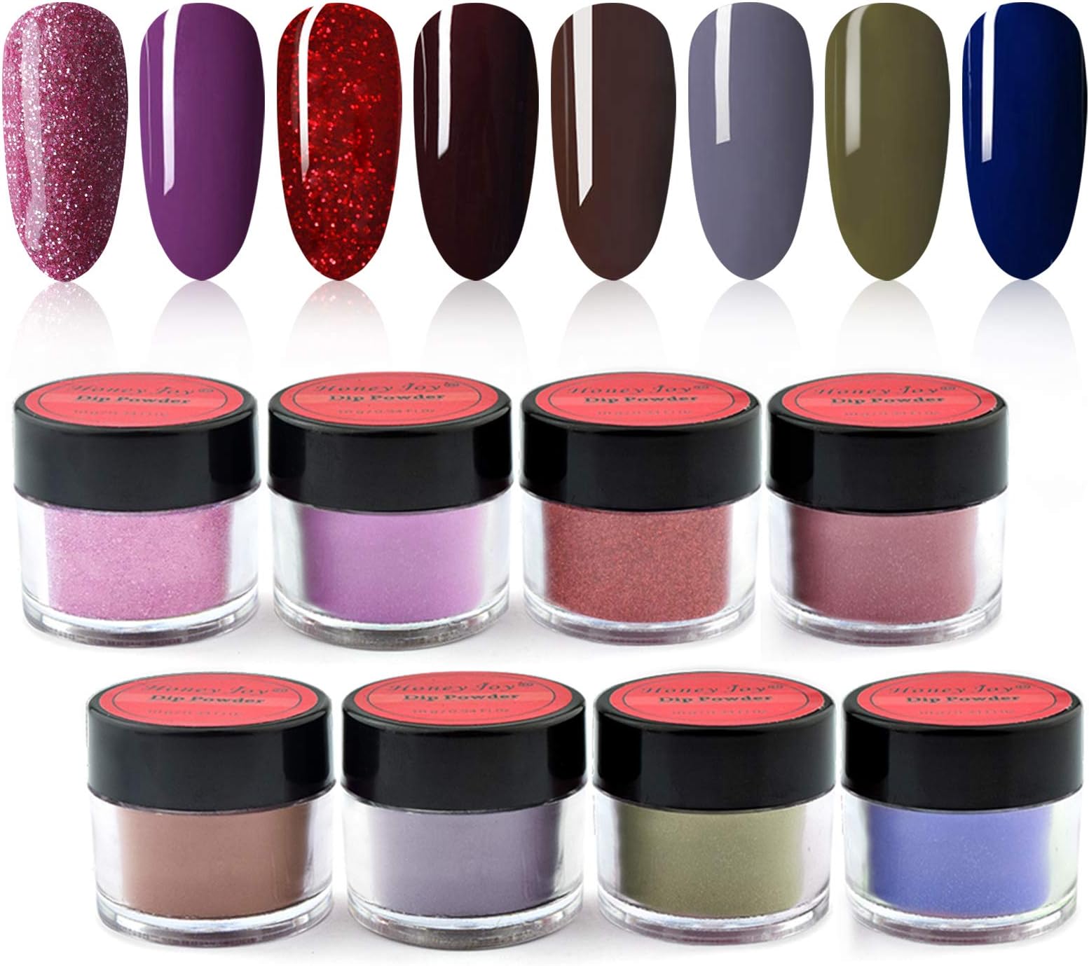 8 box/set Honey Joy Fine Dipping Powder Dip Kit Powder Nail Color System, Dark Red Purple Grey, Like Gel Polish Effect,Even & Smooth Finishing (29-55-18-117-68-84-45-67-10g/box)