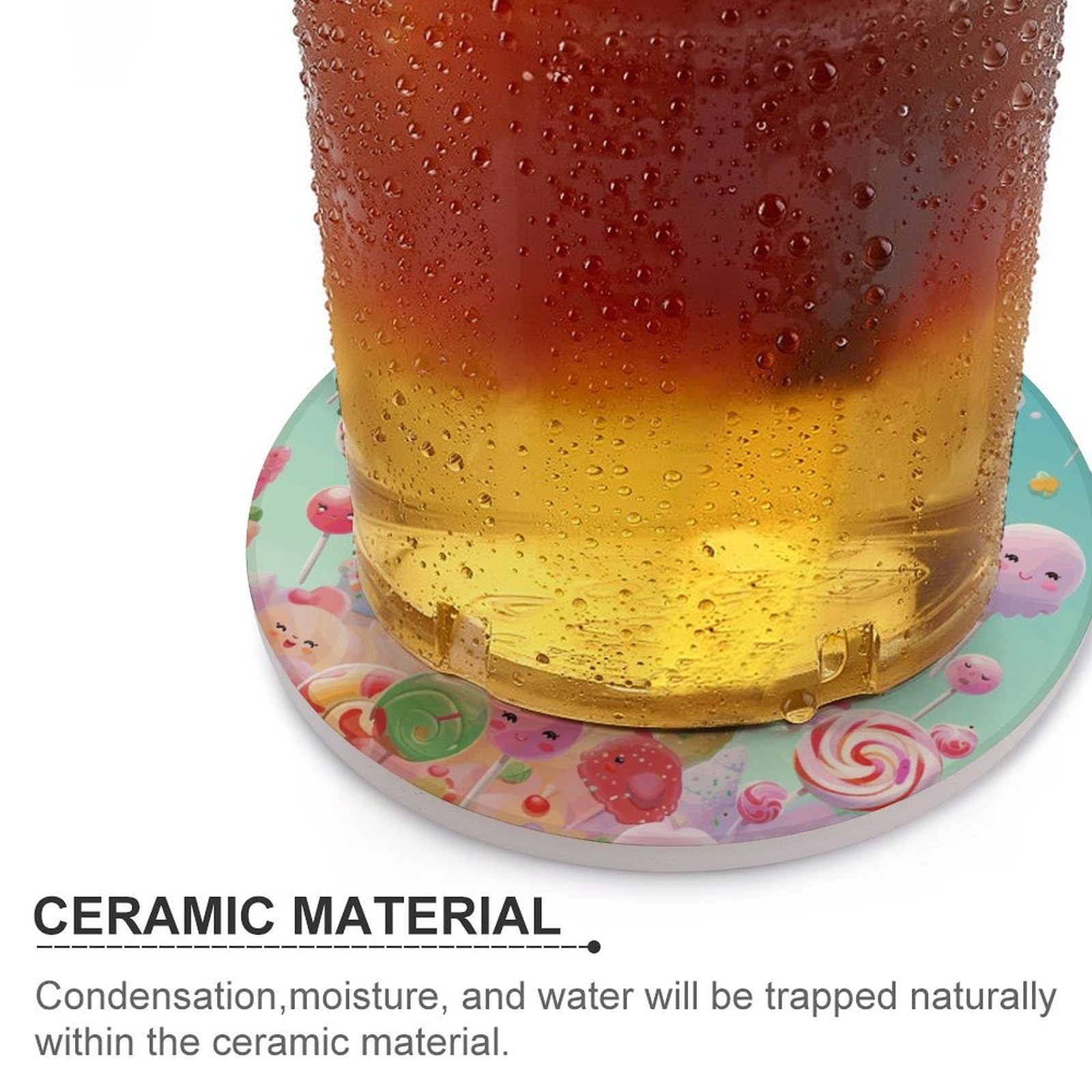 Lot de 6 dessous de verre en céramique avec dos en liège - Dessous de verre en forme de bonbon pour boissons - Dessous de verre rond absorbant en pierre pour types de tasses, table basse