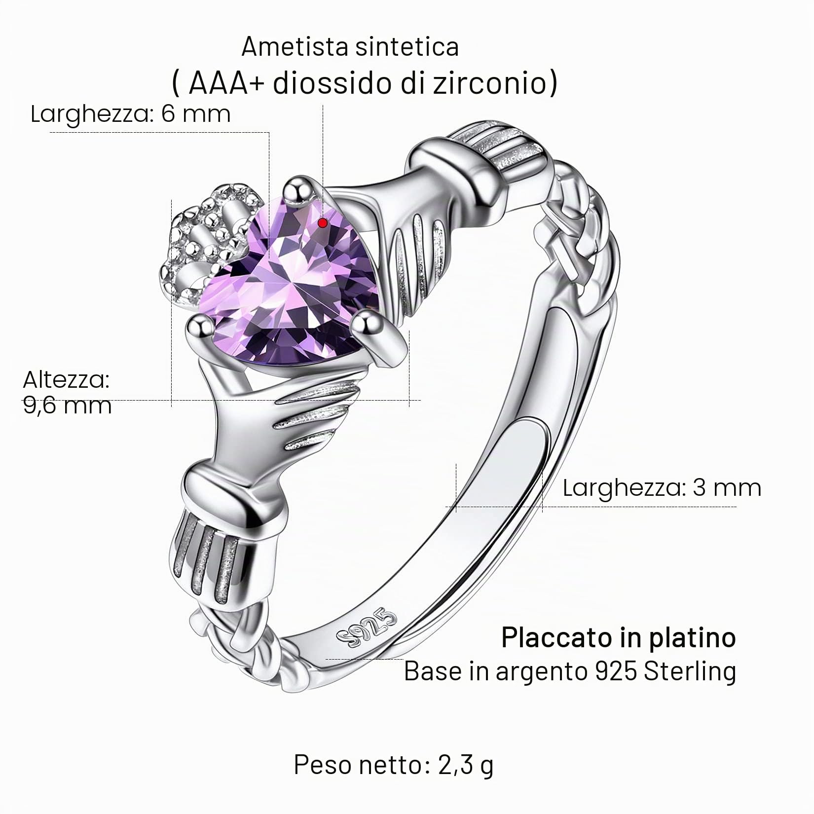 Suplight Anello Donna in Argento Sterling 925 Anello Claddagh Regolabile Anello Argento 925 Donna Anello Solitario con Pietre di Nascita 12 Mesi con Confezione Regalo