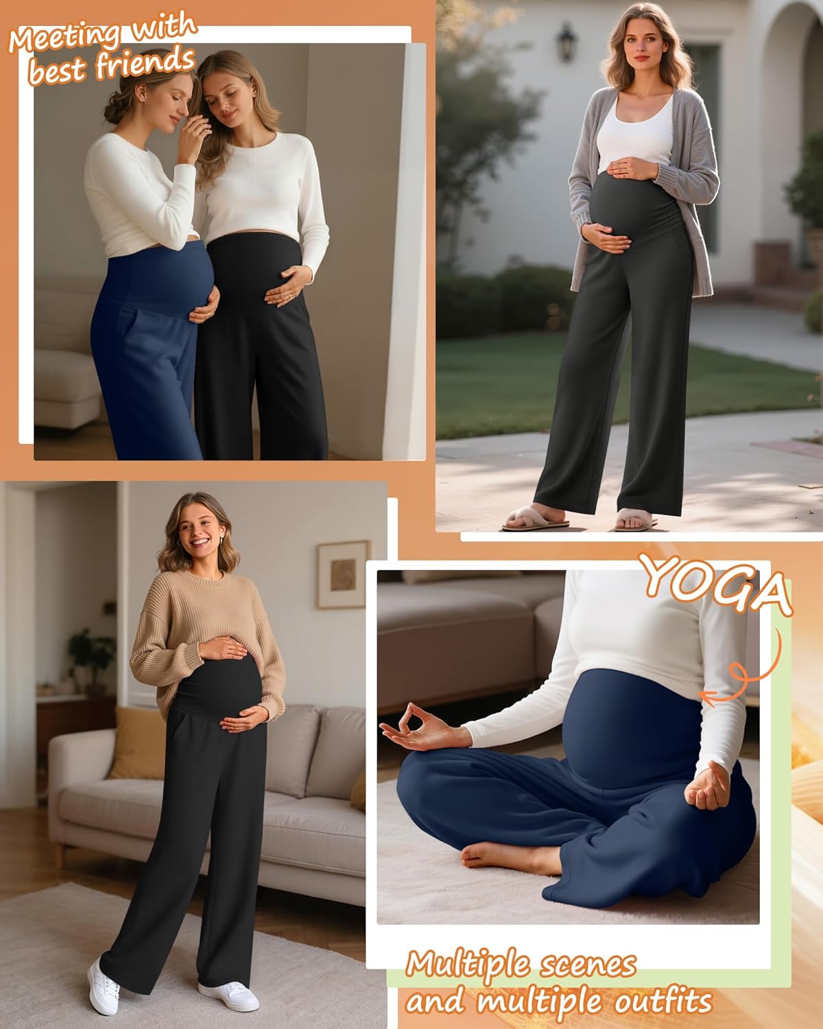 Oakgarden 3 Pack Women's Fleece Maternity Pants, Over The Belly Pregnancy Thermal Wide Leg Lounge Pants with Pockets
