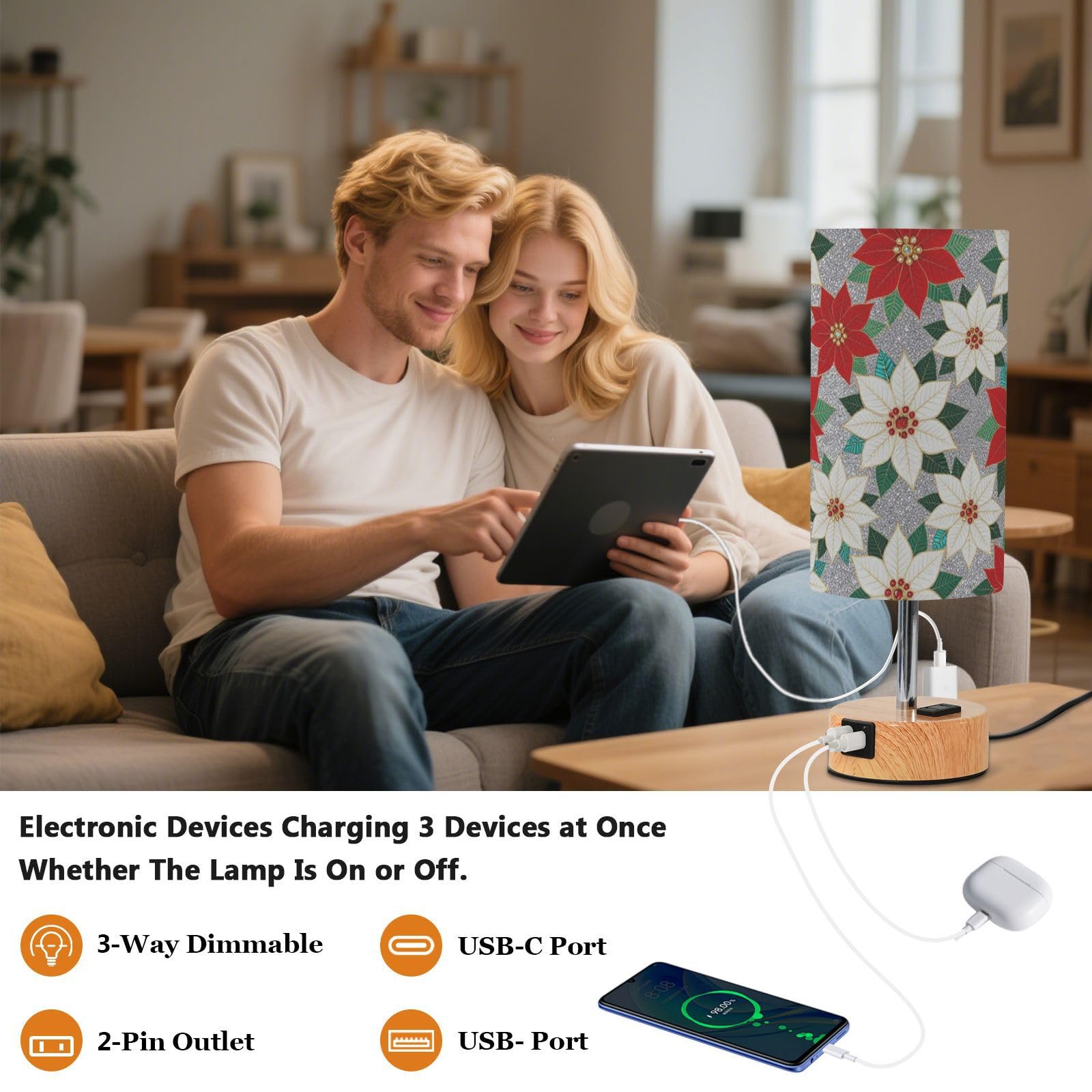 Yuiboo Mała lampa z portami USB C+A, lampa biurkowa do nauki czytania