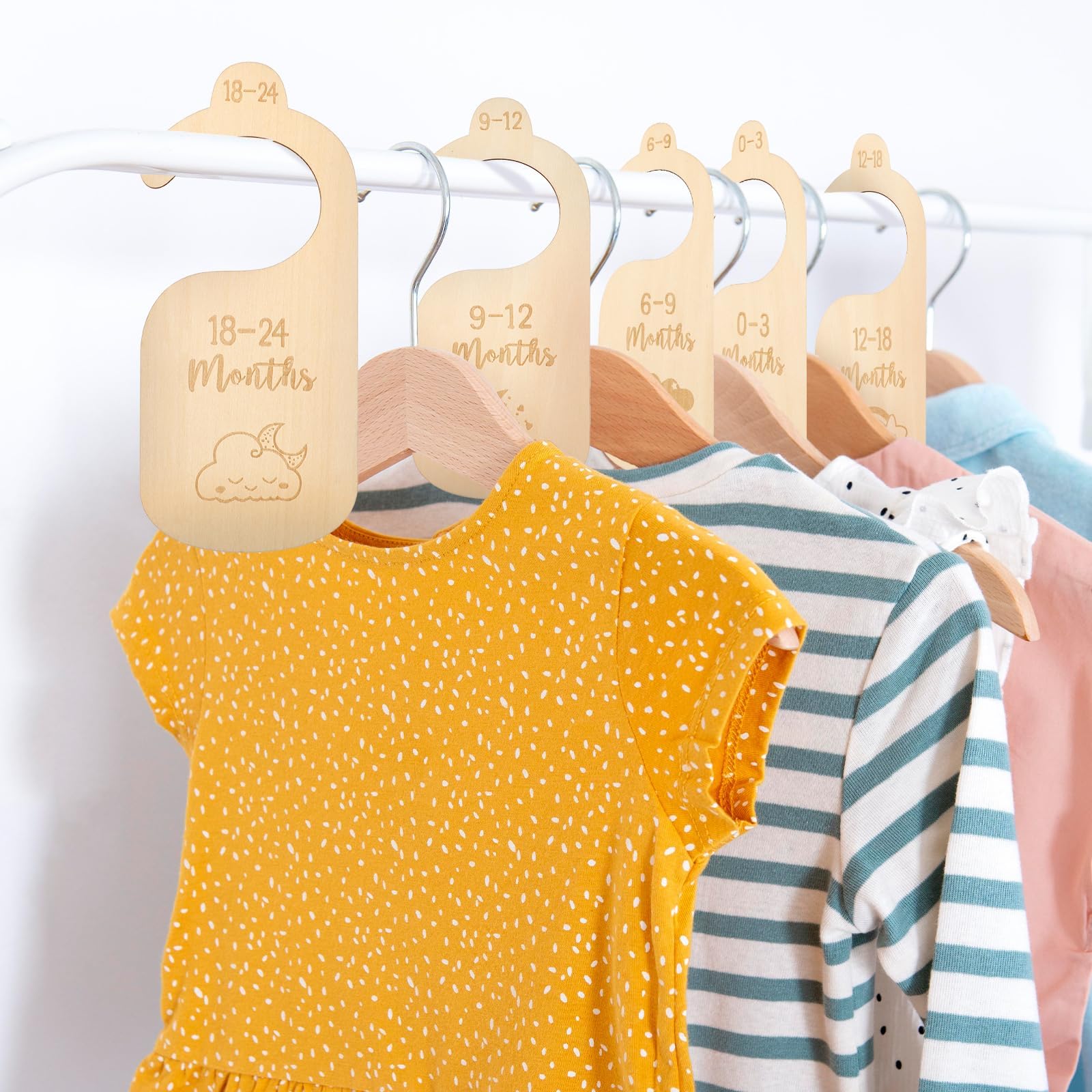 Baby Wardrobe Clothes Dividers,7 PCS Nursery Wardrobe Dividers Wooden Baby Closet Size Dividers Baby Clothes Organizers for Toddlers Newborn Infant to 24 Months - Image 2